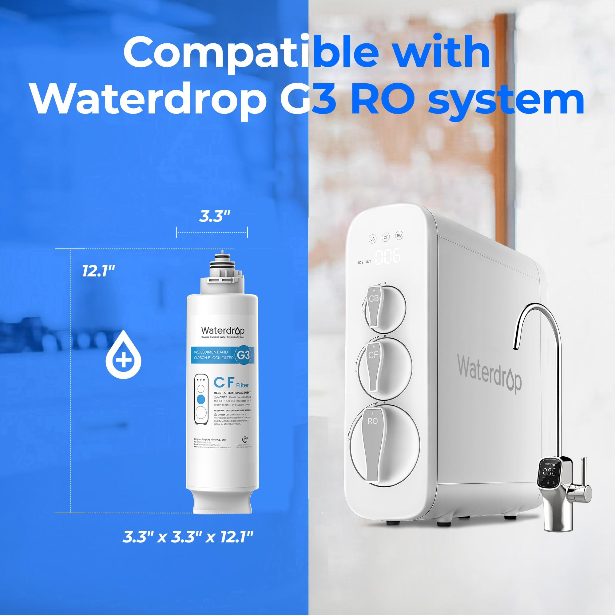 Waterdrop Filtro WD-G3-N1CF, Durata di 6 Mesi, Sostitutivo del Sistema a Osmosi Inversa WD-G3-W, Confezione da 2 pz.