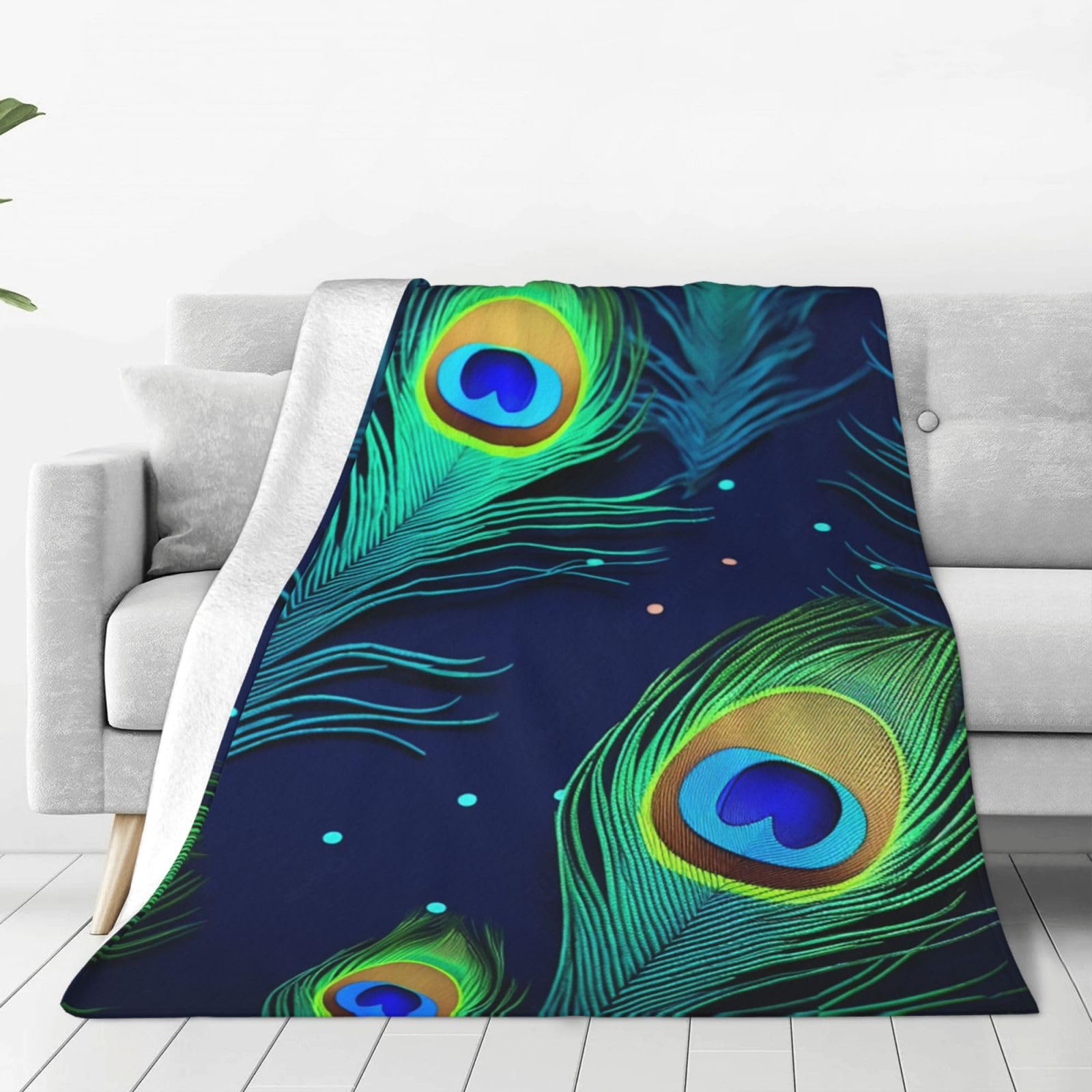 Peacock Feather Throw Blanket for Couch, Plush Fuzzy Soft Flannel Blankets and Throws for Sofa, 40"x30" Bed Blankets for Travel Camping Chair, All Season Warm Fleece Blanket