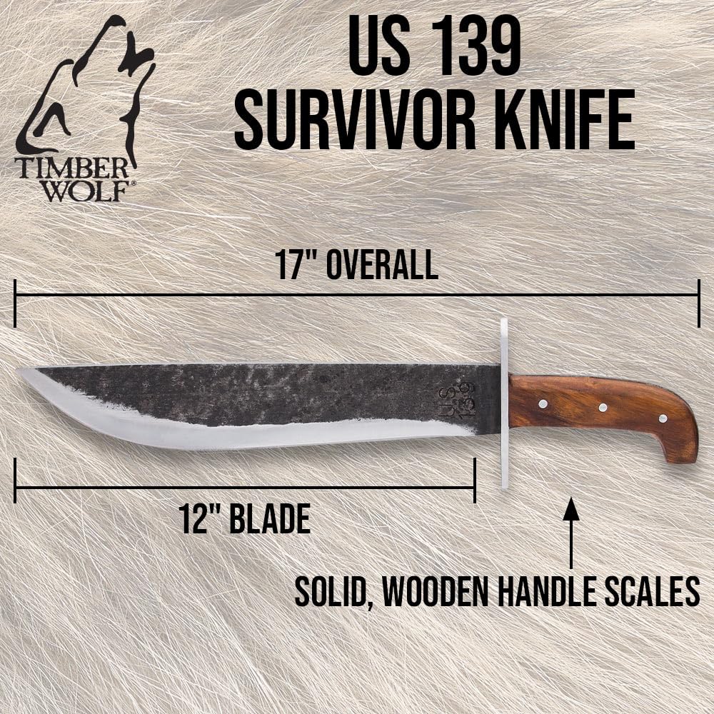 Timber Wolf US 139 Survivor Knife & Sheath | Rugged Outdoor Tool | Carbon Steel Blade | Full-Tang | Wooden Handle | Premium Leather Belt Sheath Included | Overall Length 17