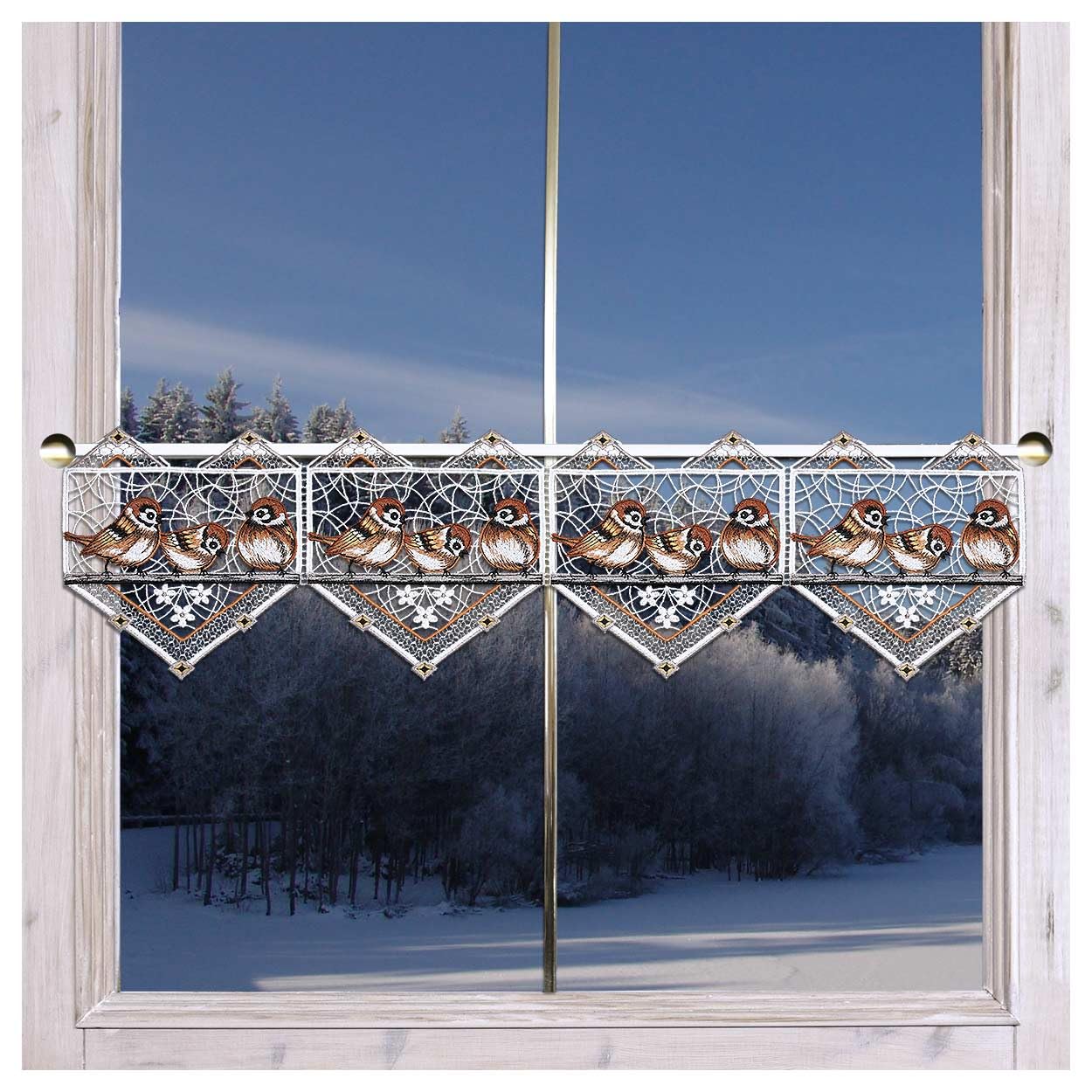 Feenhaus-Spitzengardine Spatzenkonzert Echte Plauener Spitze Scheibengardine mit Vögeln im modernen Landhausstil 20 x 55 cm