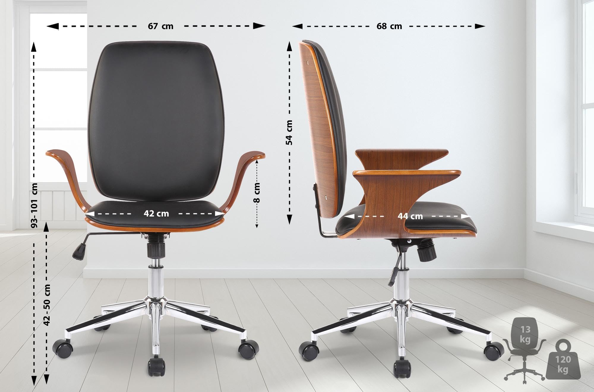 CLP Fauteuil de Bureau Burbank avec Coque en Bois I Chaise De Bureau en Tissu Ou Similicuir Dossier Assise Rembourrés I Pičtement Métal, Couleur:Noyer/Noir, Matériel:Similicuir