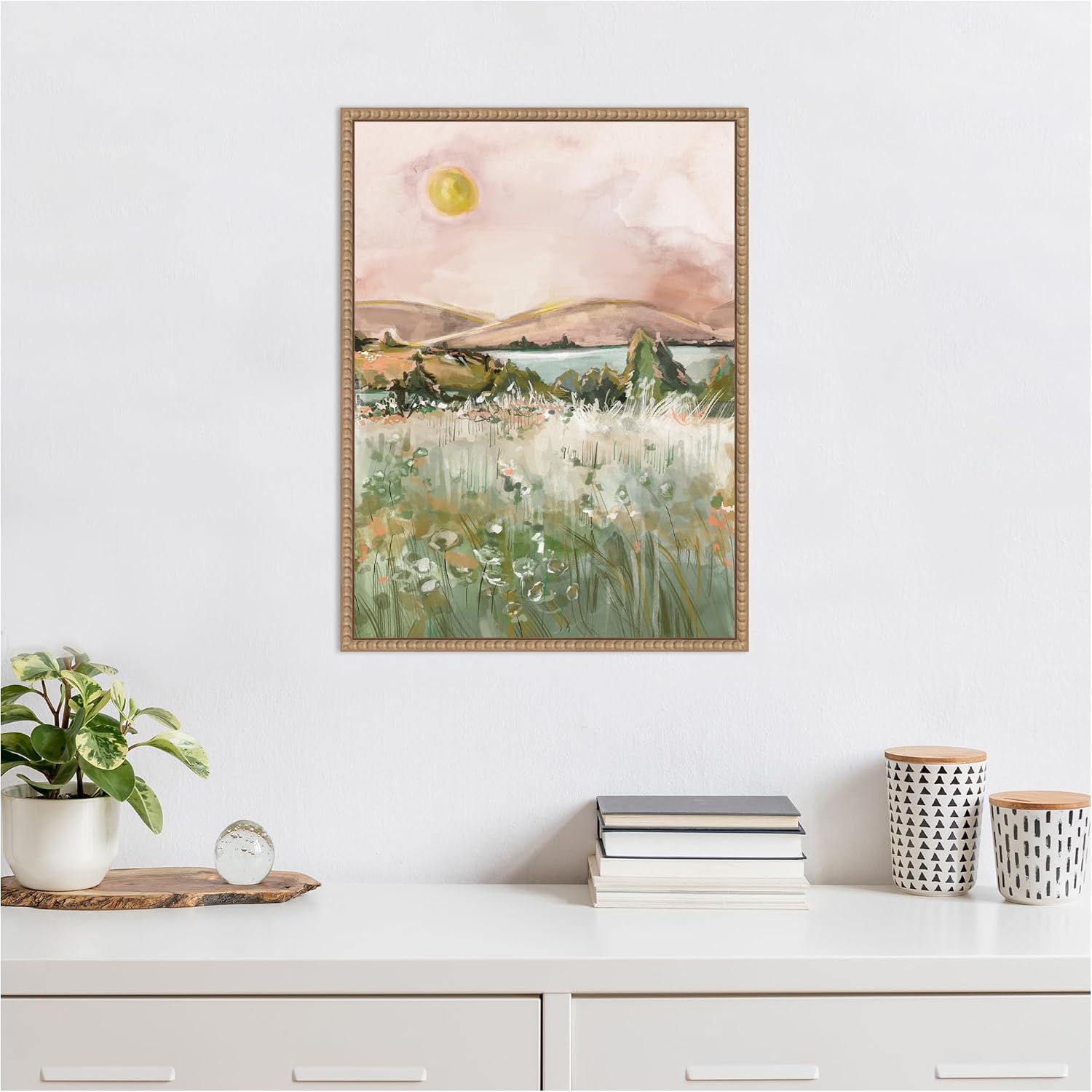 Kate and Laurel Neutral Landscape 02 Framed Canvas Wall Art by Annie Quigley 18 x 24 Sylvie Beaded Rustic Natural, Farmhouse, Landscapes, Nature Art for Wall Decor, Living Room, Bedroom