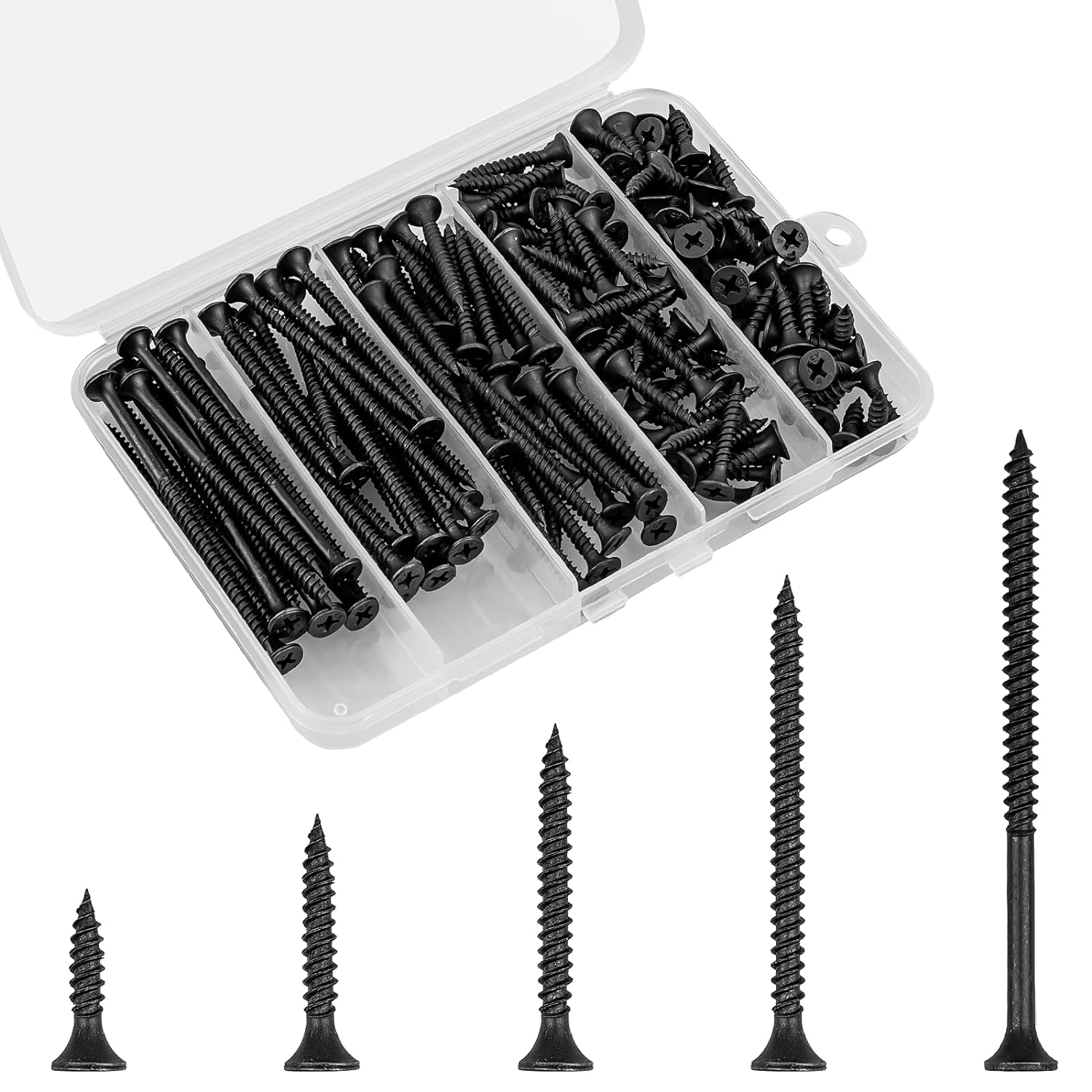 FVOLREM 168pcs Wood Screws Assortment Kit #6 Sizes Black Phosphate Phillips Drive Carbon Steel for Drywall Wood