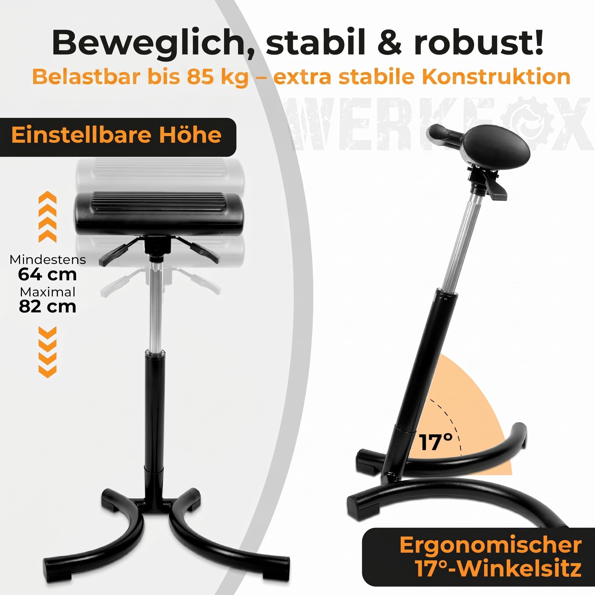 Stehhocker & Stehhilfe bis 85 kg, ergonomisch höhenverstellbar | Entlastet den Rücken am Schreibtisch, stufenloser Stehstuhl für Büro, Polyurethan Werkstatthocker mit Metallrahmen, 7 kg