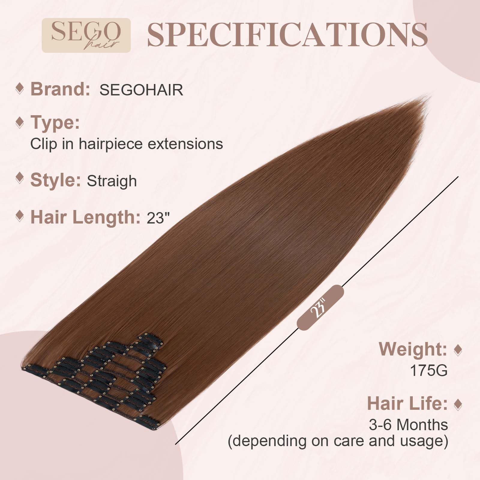 SEGOHAIR Hair Extensions Clip in 8Pcs 18 Clips Synthetic Fiber Seamless 23" Long Straight Full Head - Light Auburn - Image 3