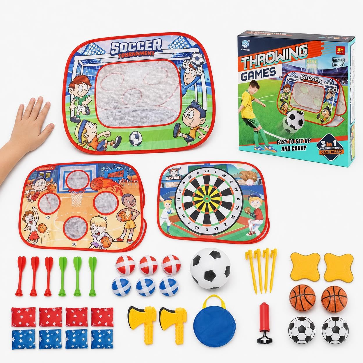 Giochi di lancio per bambini 4-6 anni, set da gioco all'aperto pieghevole, con bersaglio, calcio e palla appiccicosa, per feste e giardino