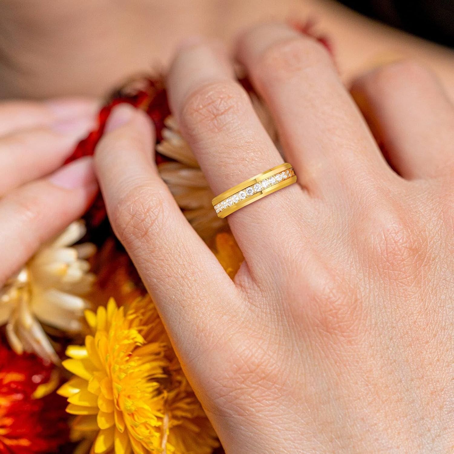 TRUMIUM 6mm 8mm Mens Tungsten Wedding Bands with Cubic Zirconia Eternity Ring CZ Inlaid Black Silver Plated 24K Gold Plated Tungsten Carbied Rings High Polish Size 7-13