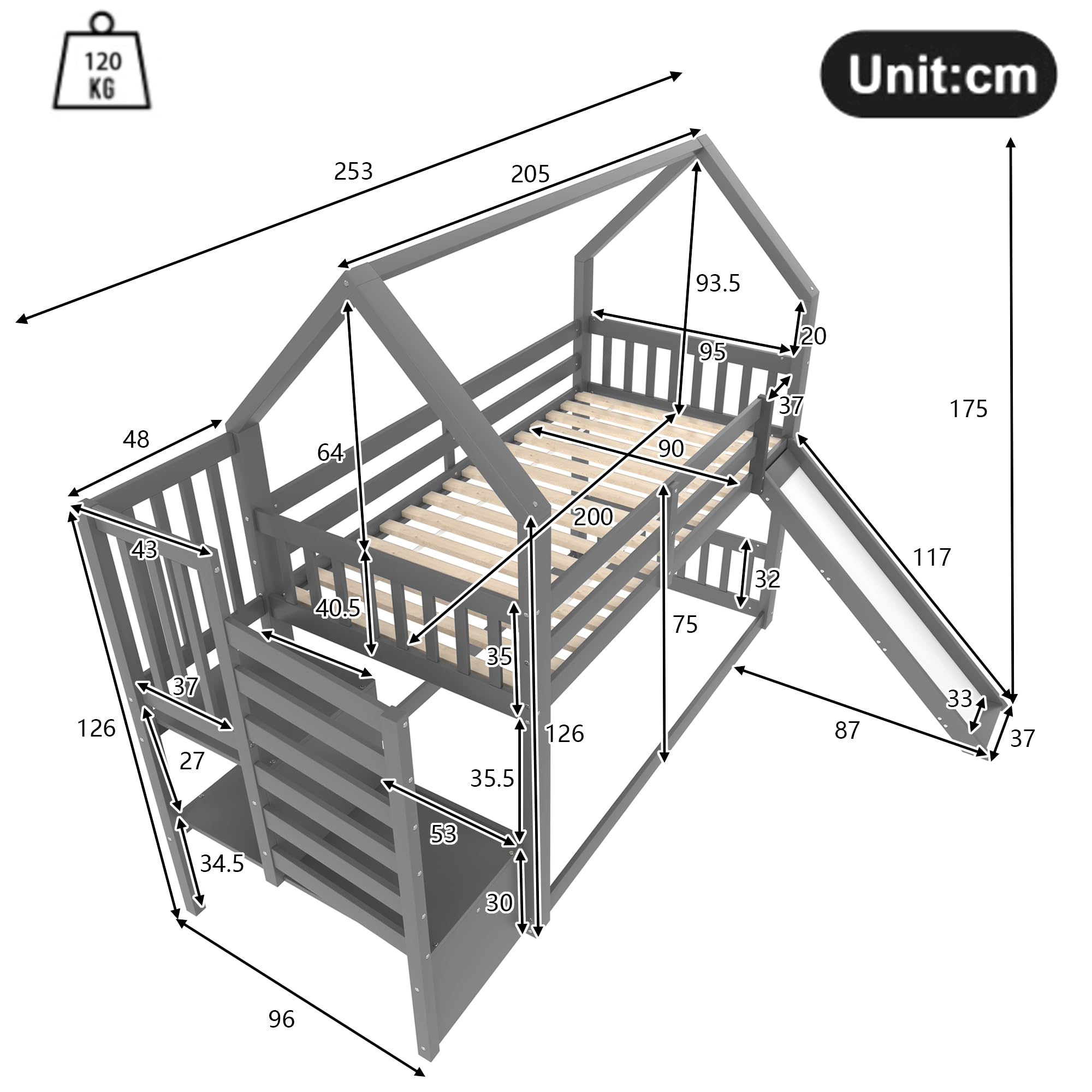 Etagenbett mit Stauraumtreppe und Rutsche, Hausbett(Ohne Matratze), Kinderbett mit Geländer, geeignet für Kinder, Jugendliche (Grau, 90X200cm)