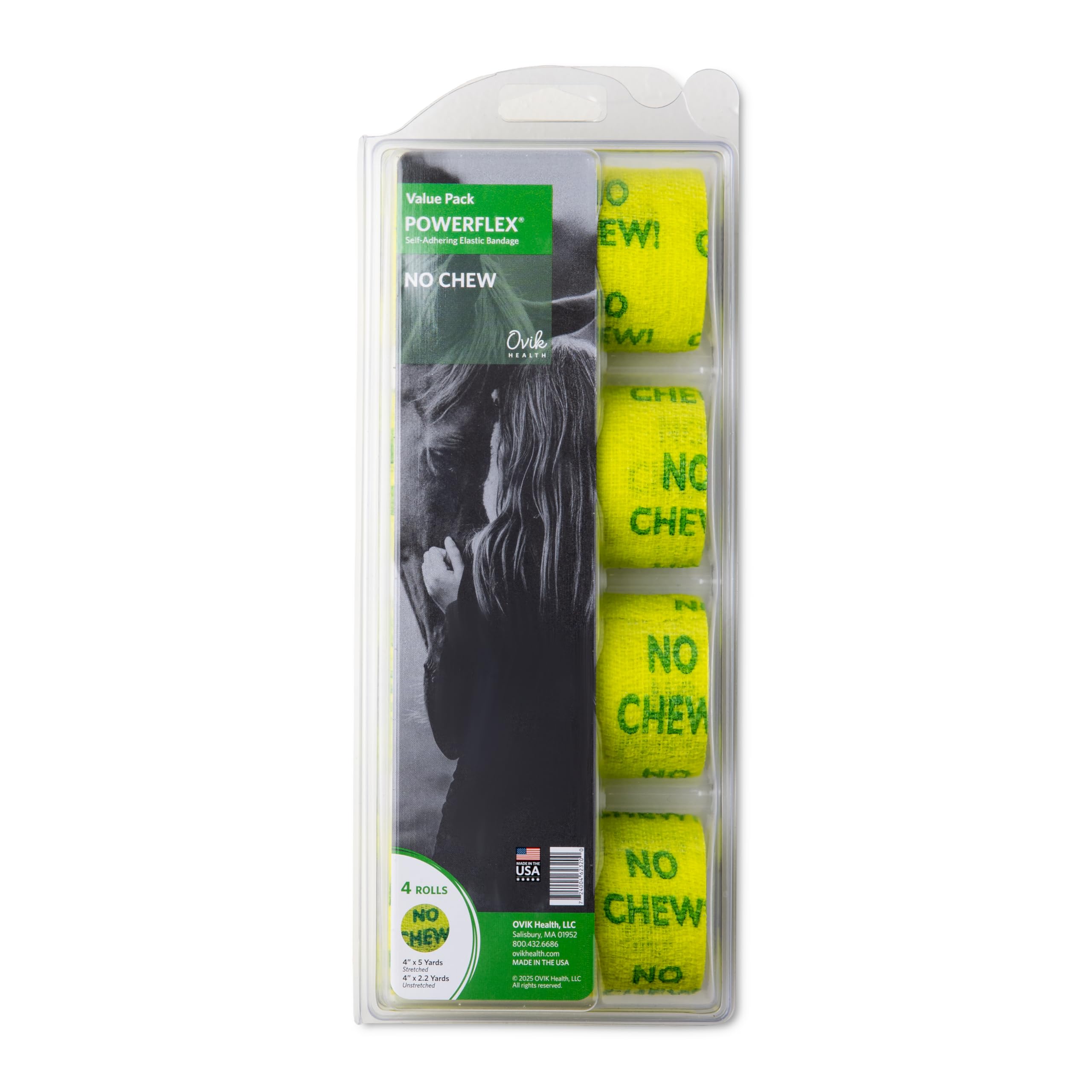 OVIK Health PowerFlex Equine - Benda autoadesiva extra forte, per la cura delle ferite, la compressione e il supporto per cavalli, mucche e cani, non si mastica, 4 rotoli (custodia richiudibile)