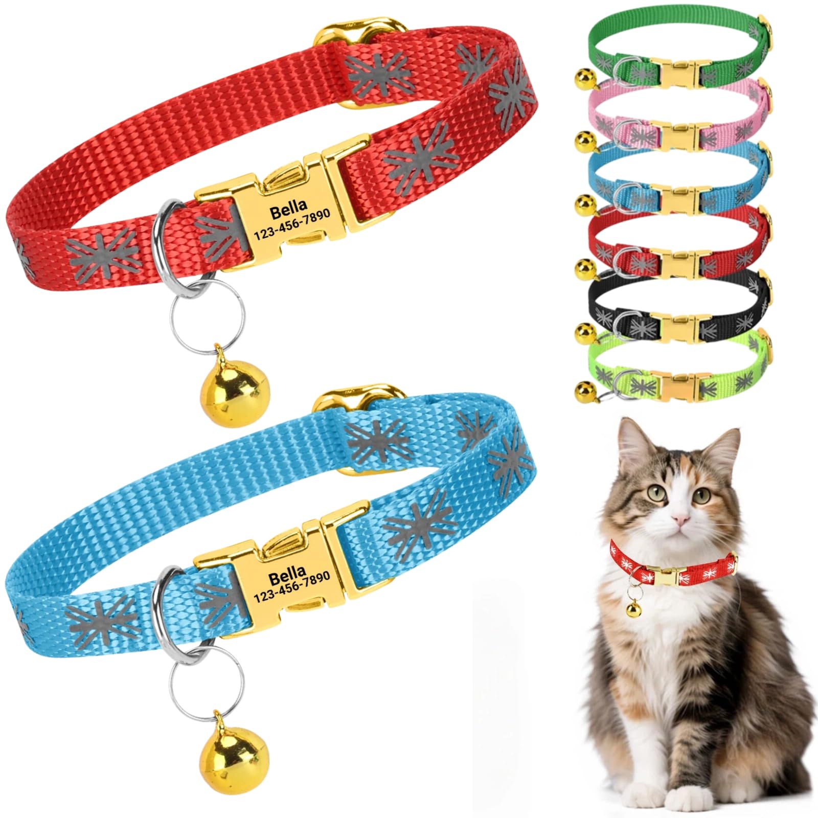 2 Pack Personalised Cat Collar with Custom Engraved Name Tag Quick Release Metal Buckle Reflective Kitten Collar with Bell Adjustable 19-29cm for Boys and Girls (Red+Blue) — image 1
