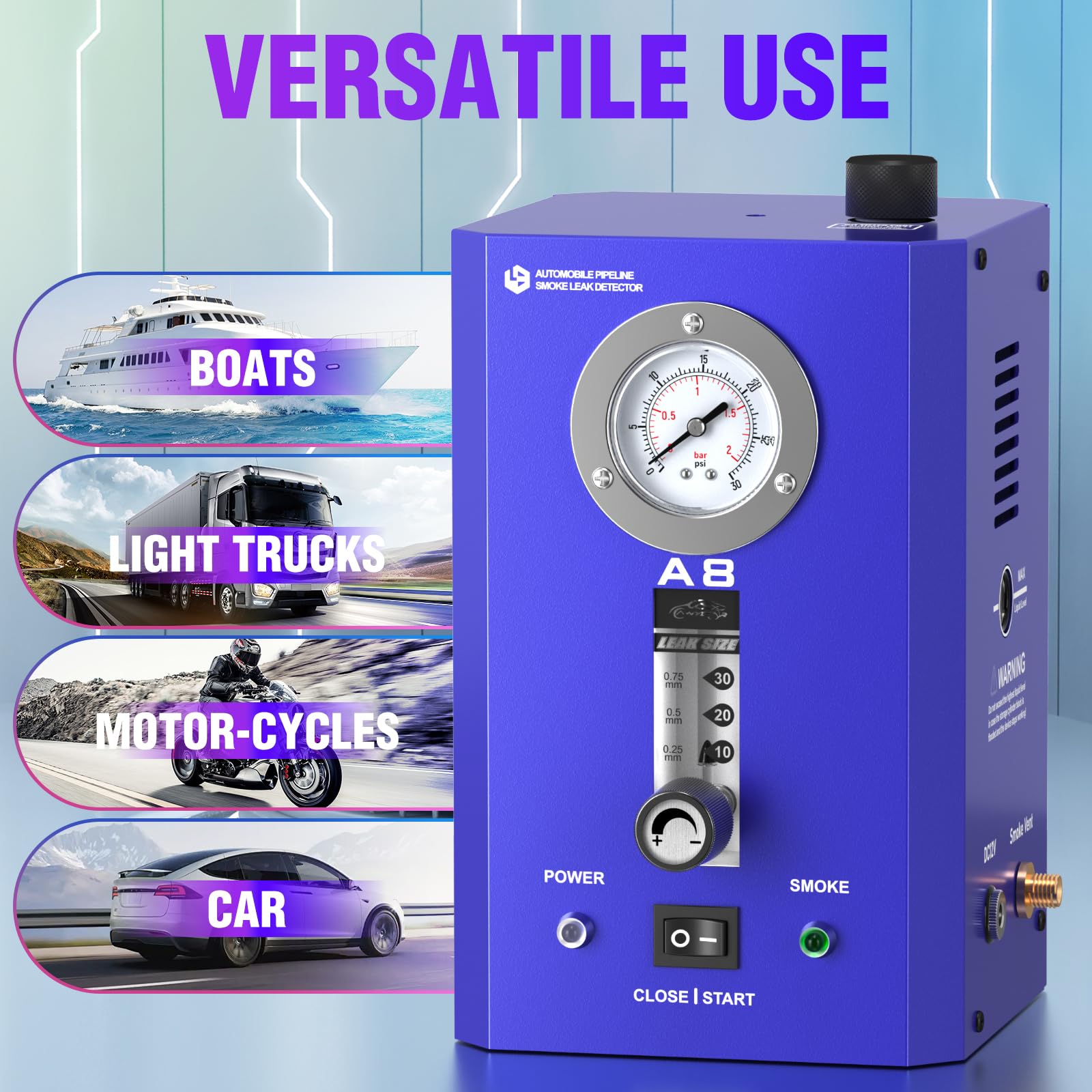 GODIAG 12V Máquina de Humo Automotriz Built-in Air Pump & Pressure Gauge Máquina de Humo Coche Maquina de Humo para Coche Apto para Coches Motos Camiones Barcos y ATVs, A8