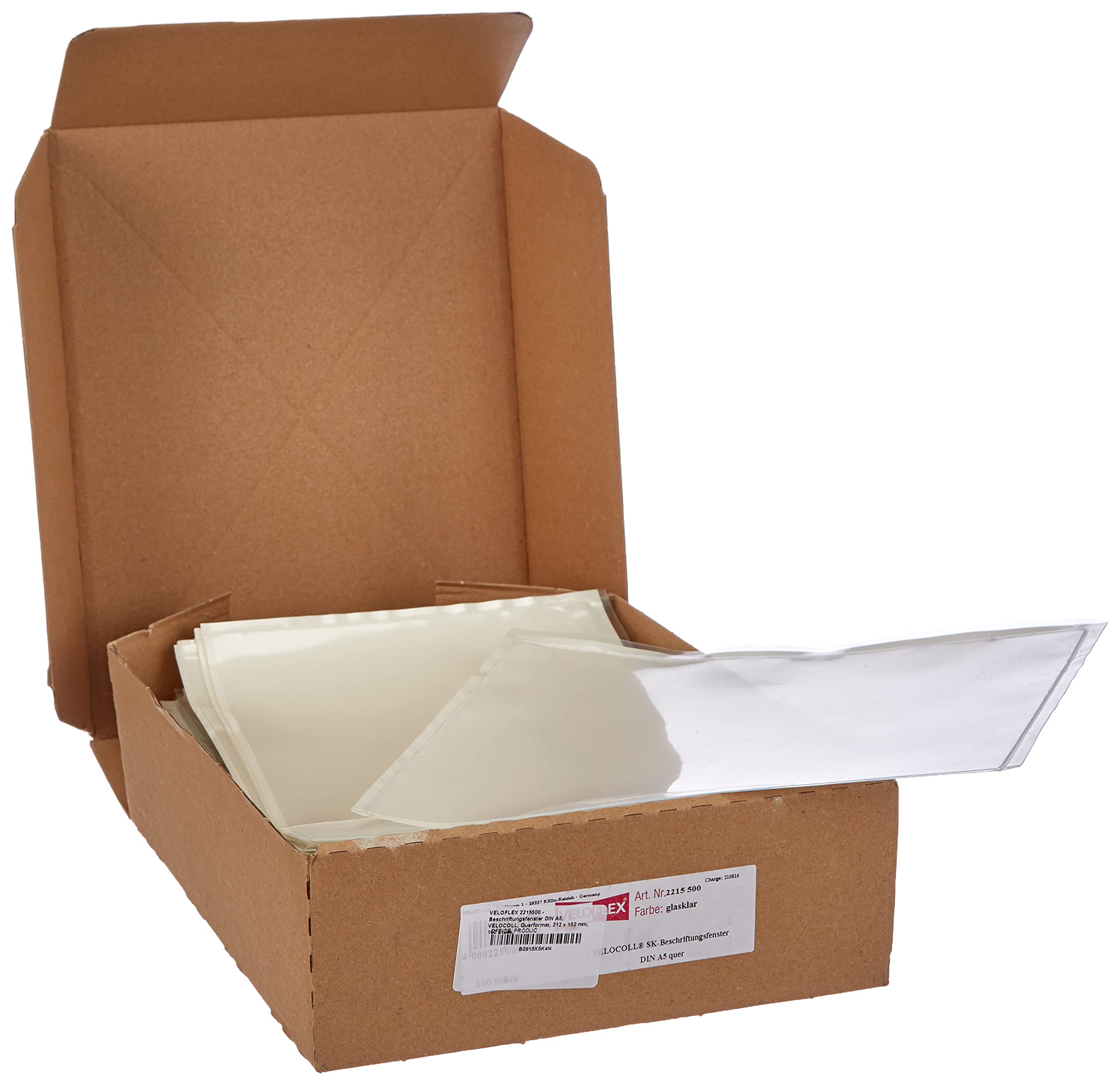 VELOFLEX - Finestre per etichette DIN A5 formato orizzontale, 100 pezzi | Dimensioni interne 212 x 152 mm, retro autoadesivo, lato lungo aperto, in pellicola di PP trasparente