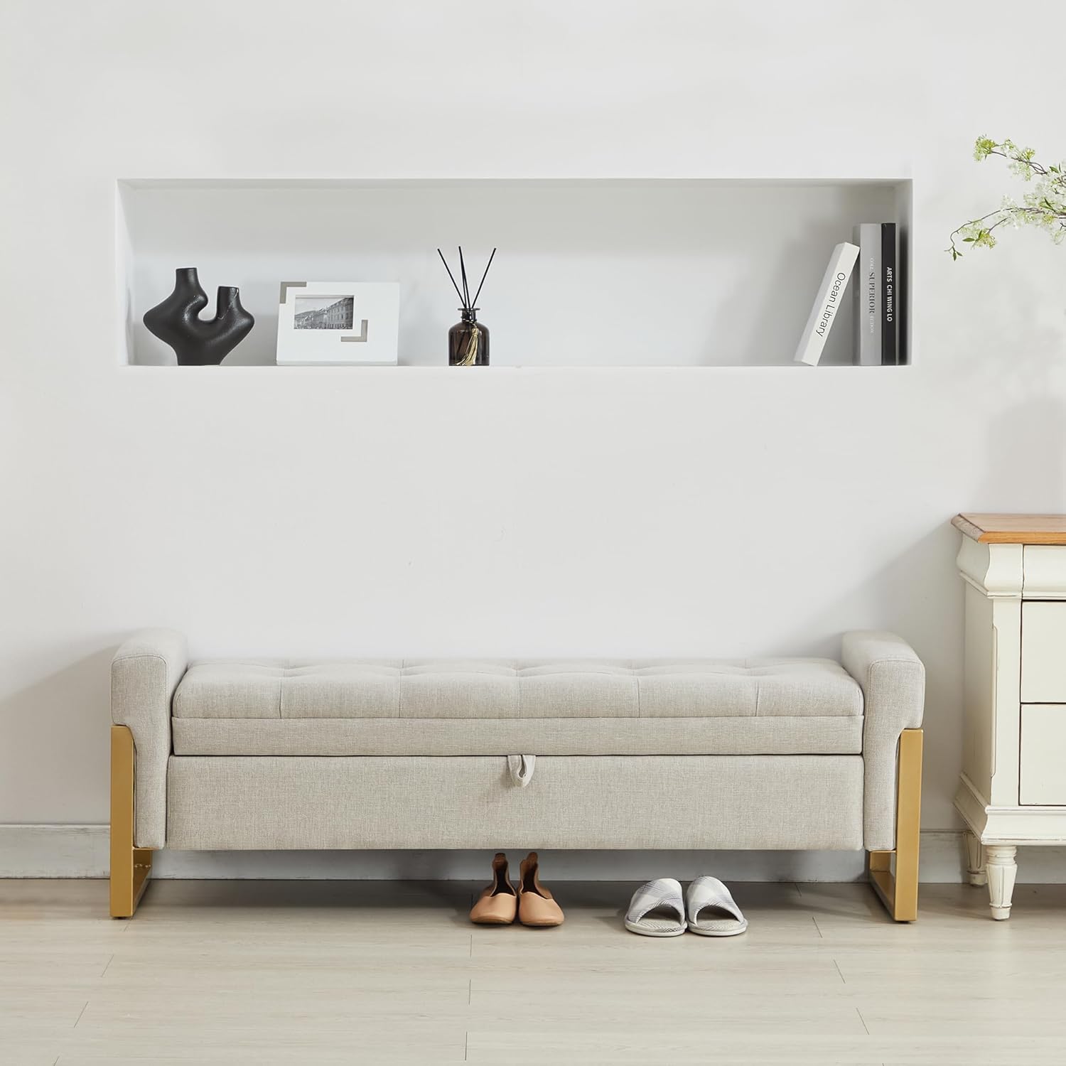 57" Storage Ottoman Bench, Linen Upholstered End of Bed Storage Bench with Metal Legs & Button-Tufted, Large Ottoman with Storage 500 lb Capacity, for Living Room, Bedroom, Entryway, Beige