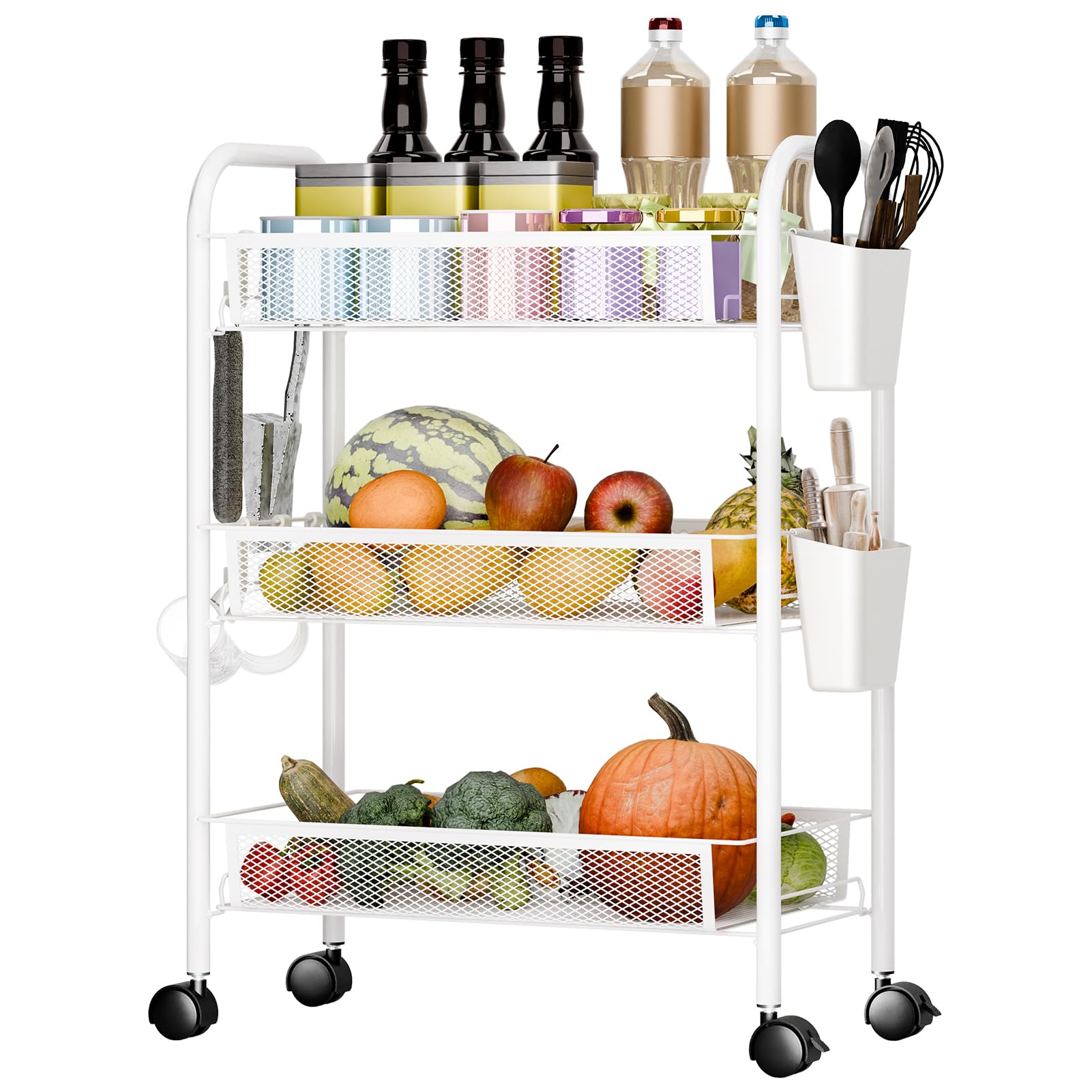 Carrito de almacenamiento de metal rodante de 5 niveles, carrito multiusos con cestas de frutas y verduras para cocina, despensa, baño, 3 capas, acabado blanco