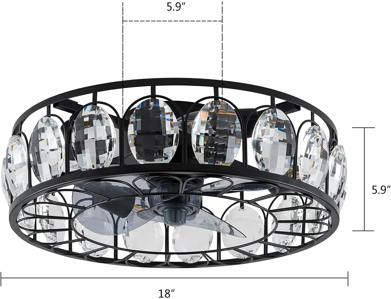 YIYIBYUS 18 Inch Industrial Crystal Ceiling Fan with Lights, Black Caged Low Profile Chandelier Fan Timing with Remote Control 3-Speed 4-Light Semi Flush Mount Hidden