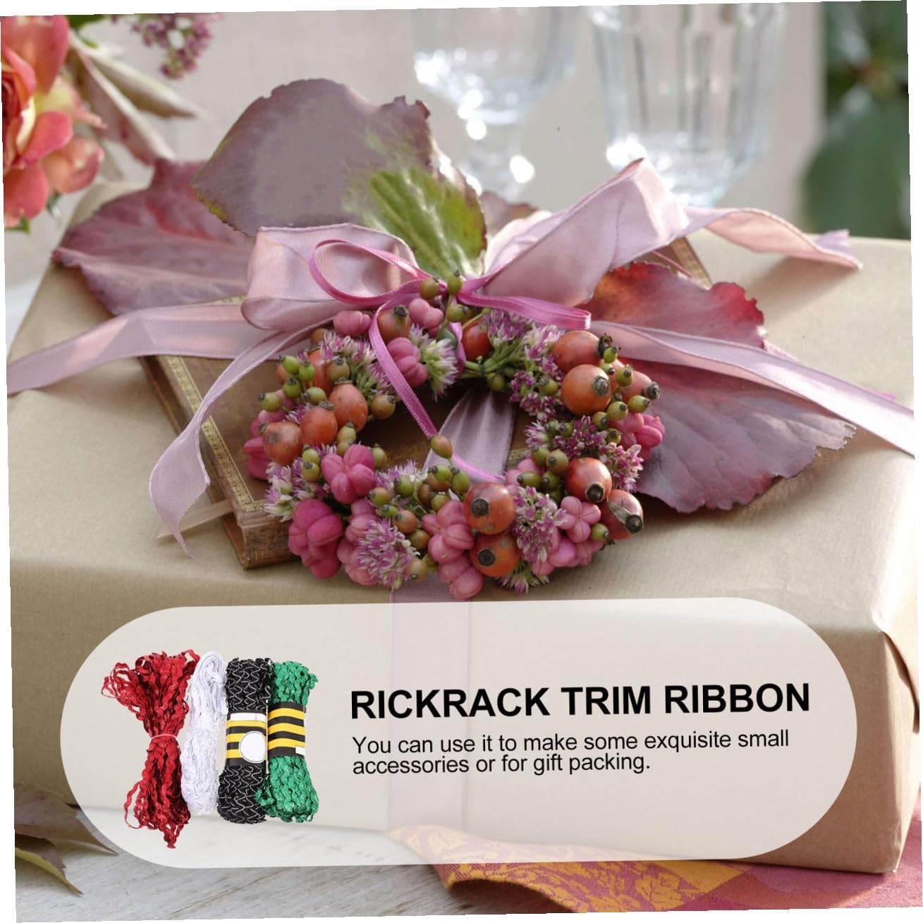 4 Rolls 15 Yards Wave Bending Rickrack Ribbon 5mm Sewing Trim for DIY Crafts Flower Making Clothing Decoration Red Green White Black-White