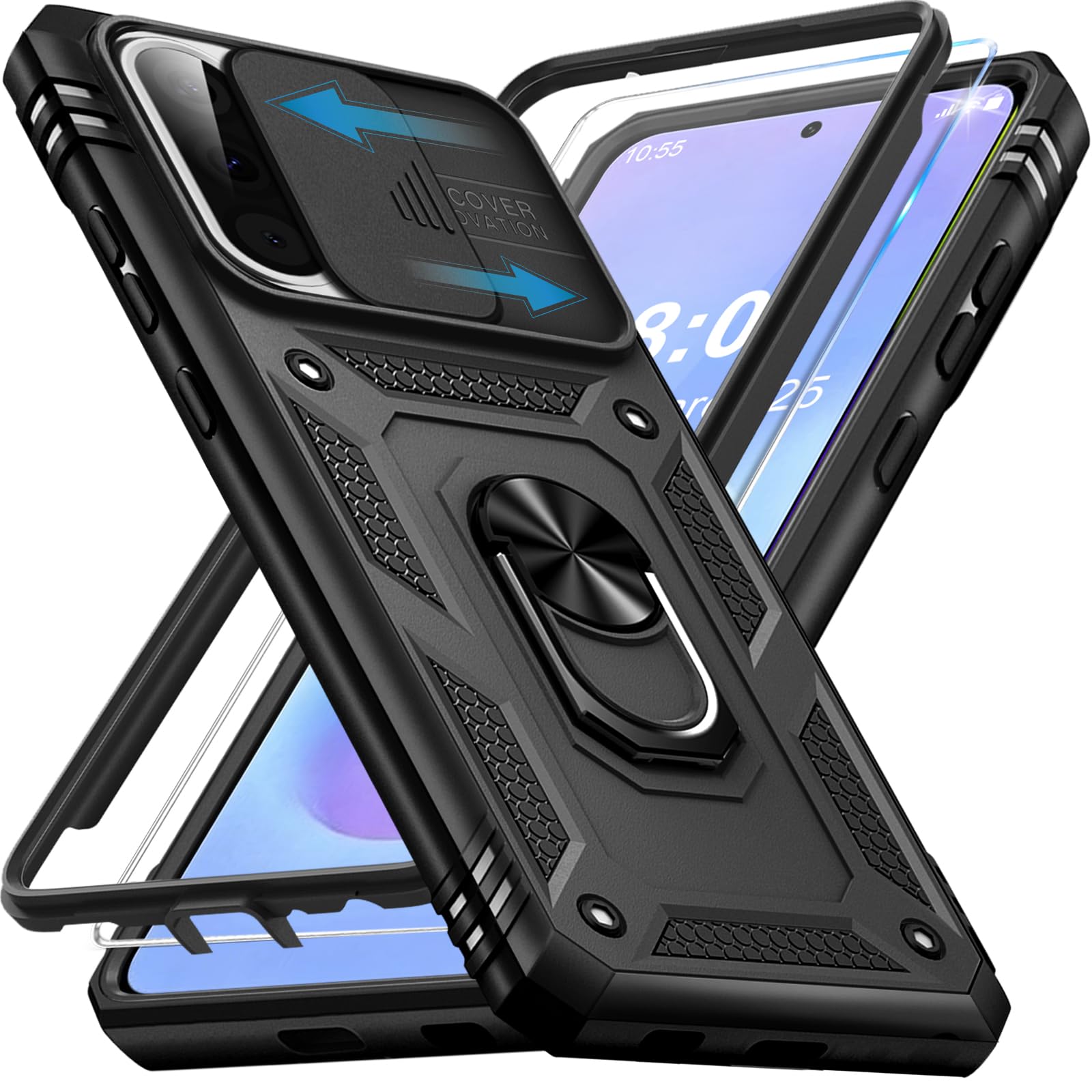 Giyer Cover per Samsung Galaxy A57 5G Custodia con Vetro Temperato, Antiurto Grado Militare 360° Anello Supporto Armor Bumper Case, Antiurto per Samsung A57 5G Cover (Nero)