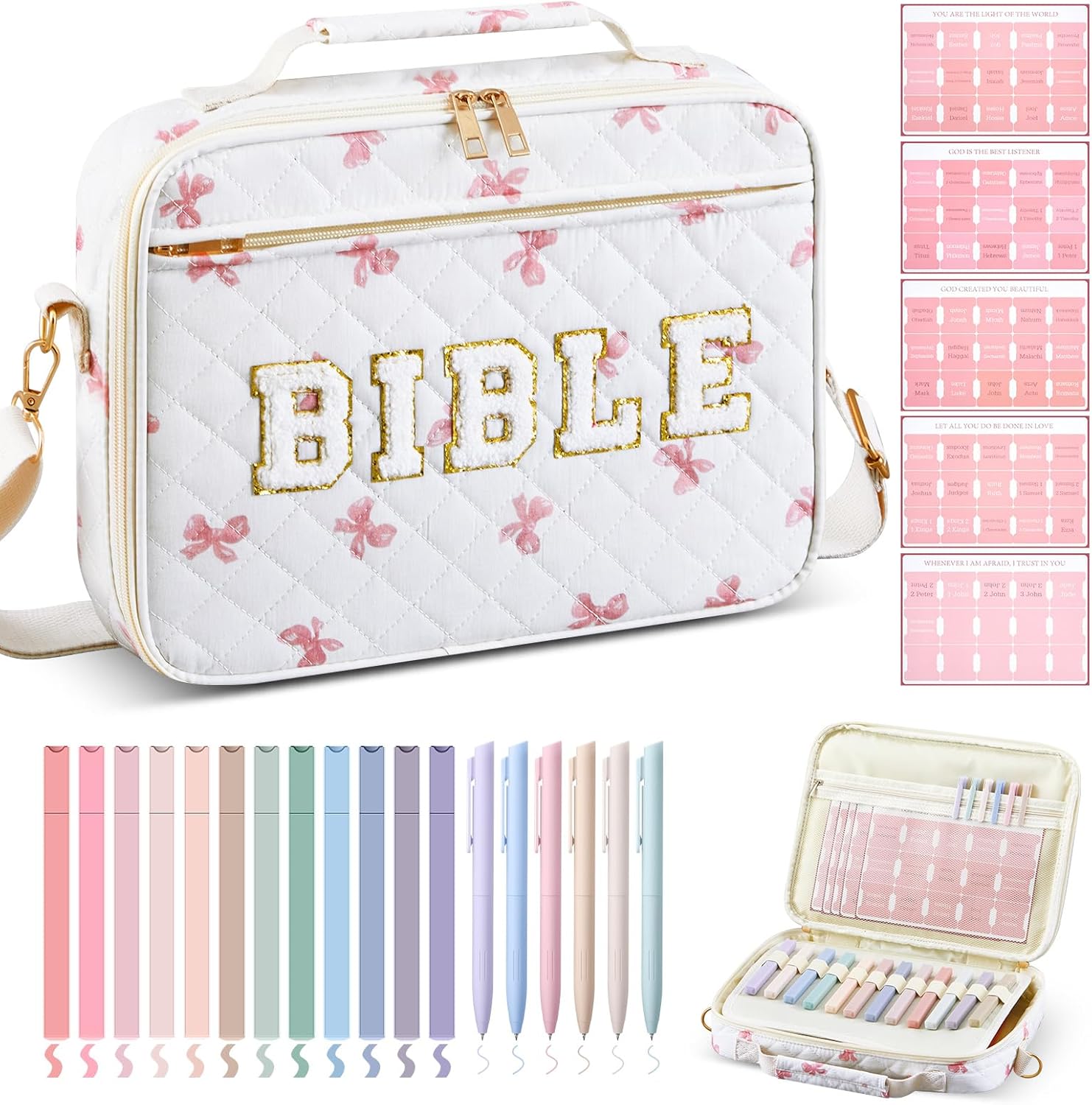 Sinload Quilted Bible Cover Case for Women 12 x 9 x 2.5 Inch Bible Chenille Letter Bag with Shoulder Strap Carrying Tabs 6 Colored Pens 12 Highlighters Christian Church Study Gifts(Pink,Bow)