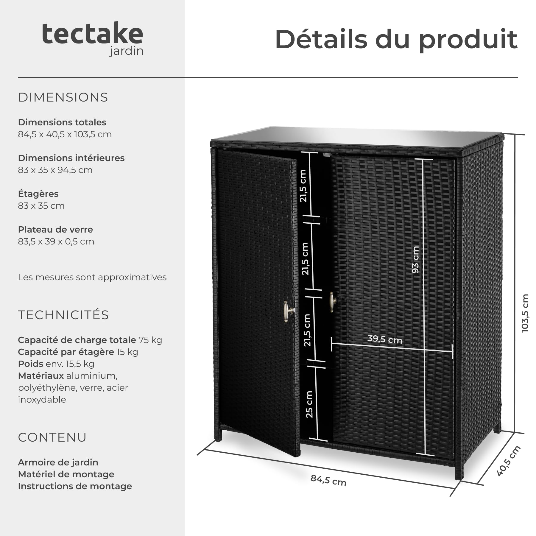 Tectake Armoire de Jardin 84,5x40,5x103,5 cm Résine tressée Aluminium 2 Portes 3 étagères 75 kg