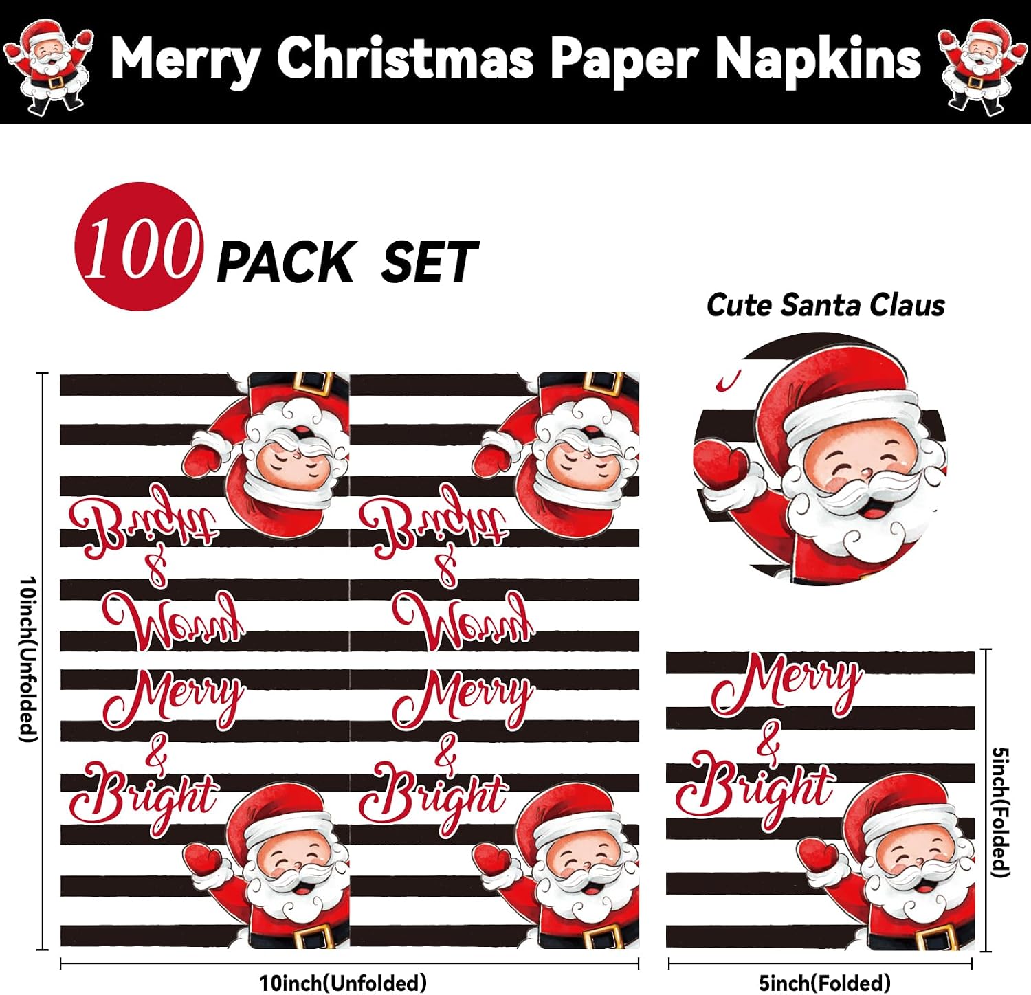 100PCS Merry Christmas Napkins Stripes Merry Bright Paper Napkins Decorations Cute Santa Claus Pattern Napkins Favors Xmas Theme Party Paper Napkins for Winter Holiday Dinner Wedding Party Supplies
