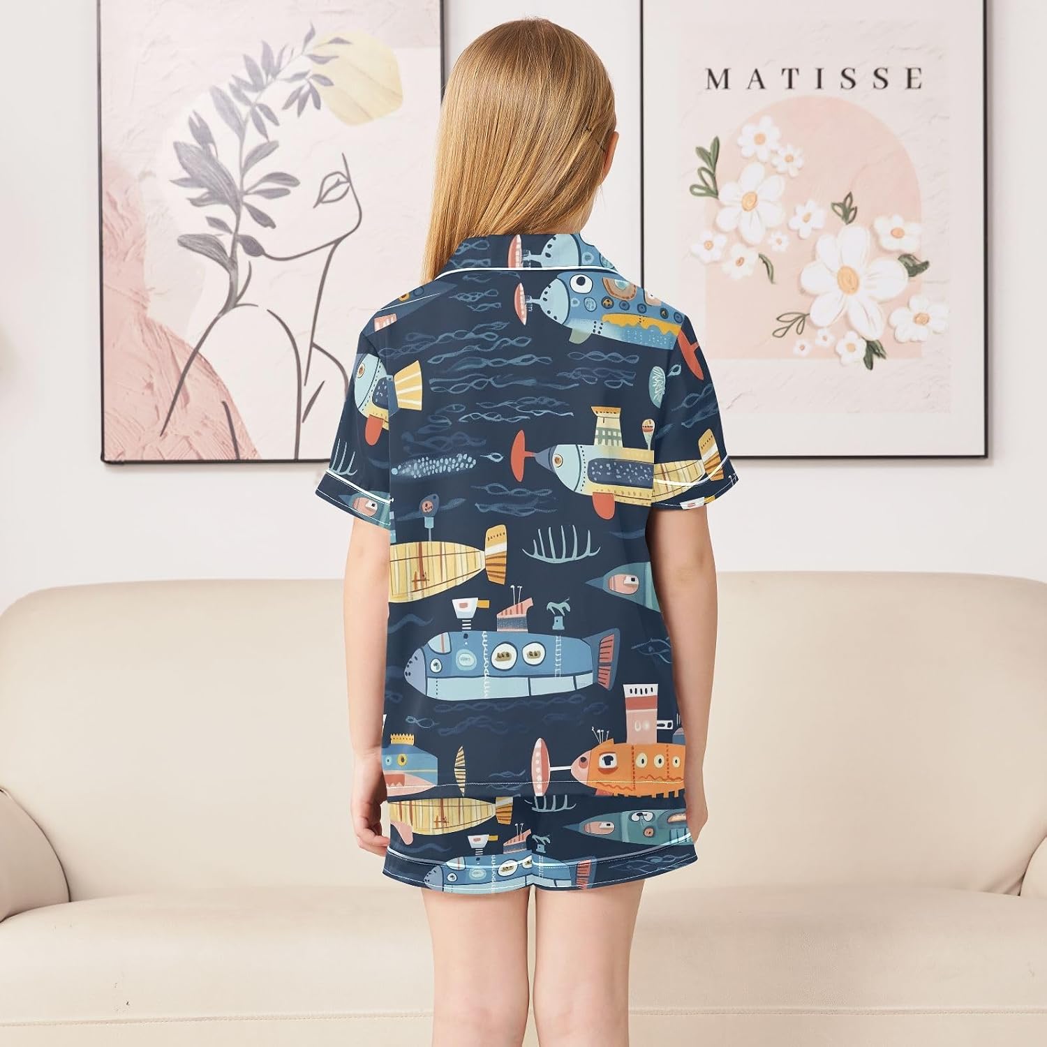 ZZXXB Funny Submarine Kids Satin Short Sets Outfits Casual Button Down Short Sleeve Lounge Set S-XXL