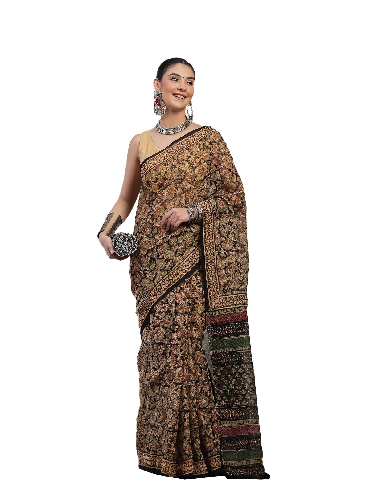 Womens Kota Doria Cotton Saree Bagru Discharge Floral Print Pure Cotton Unstitched Blouse-image-42