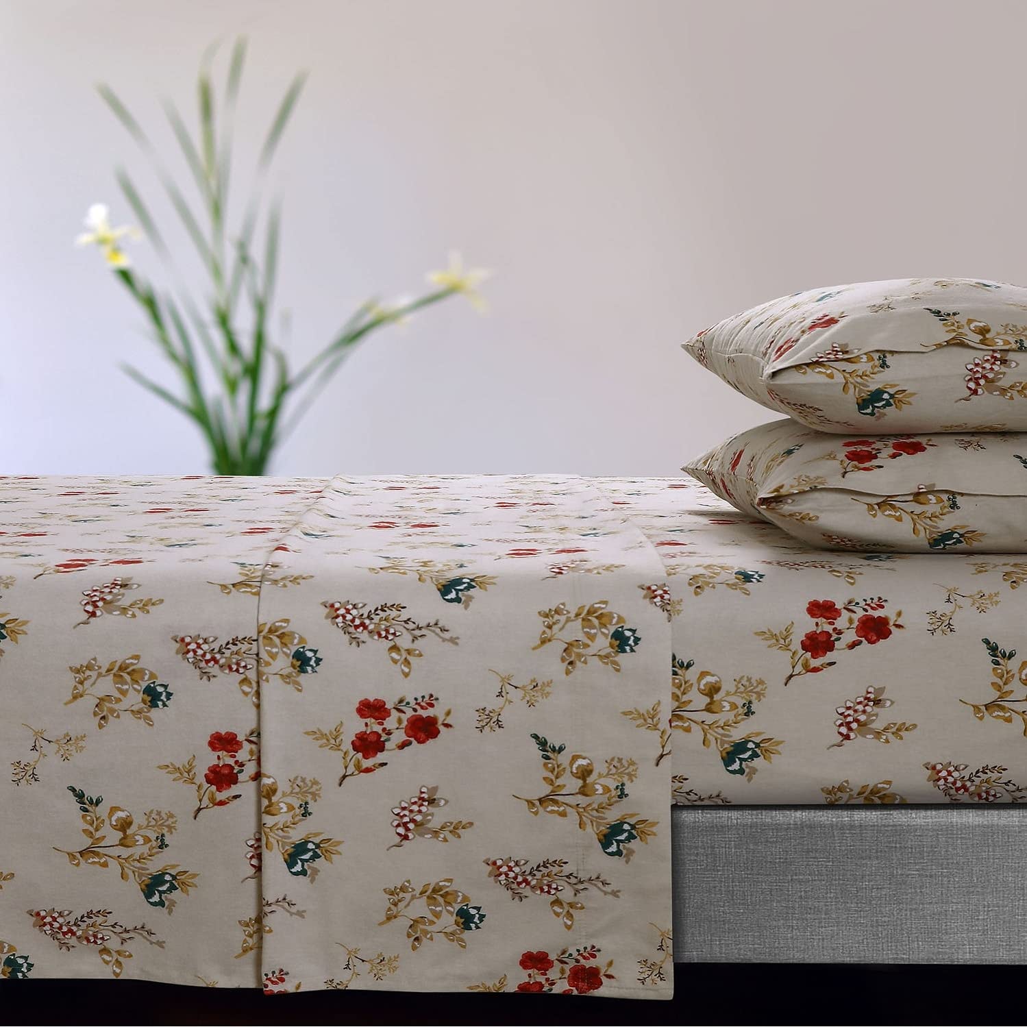 Tribeca Living Ultra-Soft Flannel Sheet Set, 170-GSM Cotton, Deep Pocket, Cozy Winter Bedding - Twin, Floral Cream