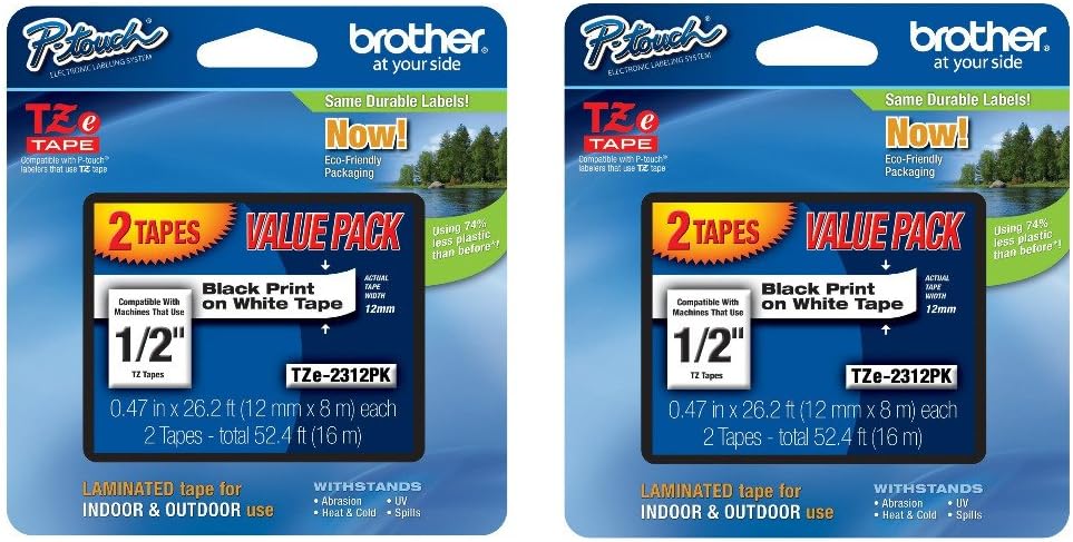 BrotherTZe2312PK Laminated Black On White Tape 2-Pack (Total of 4 Tapes)