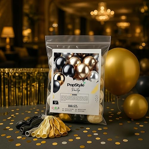 Miniatura 2 de Juego de 100 globos de lujo  Globos de látex de 12 pulgadas en oro metálico, plata, negro y perla blanca  Perfecto para cumpleaños, bodas,