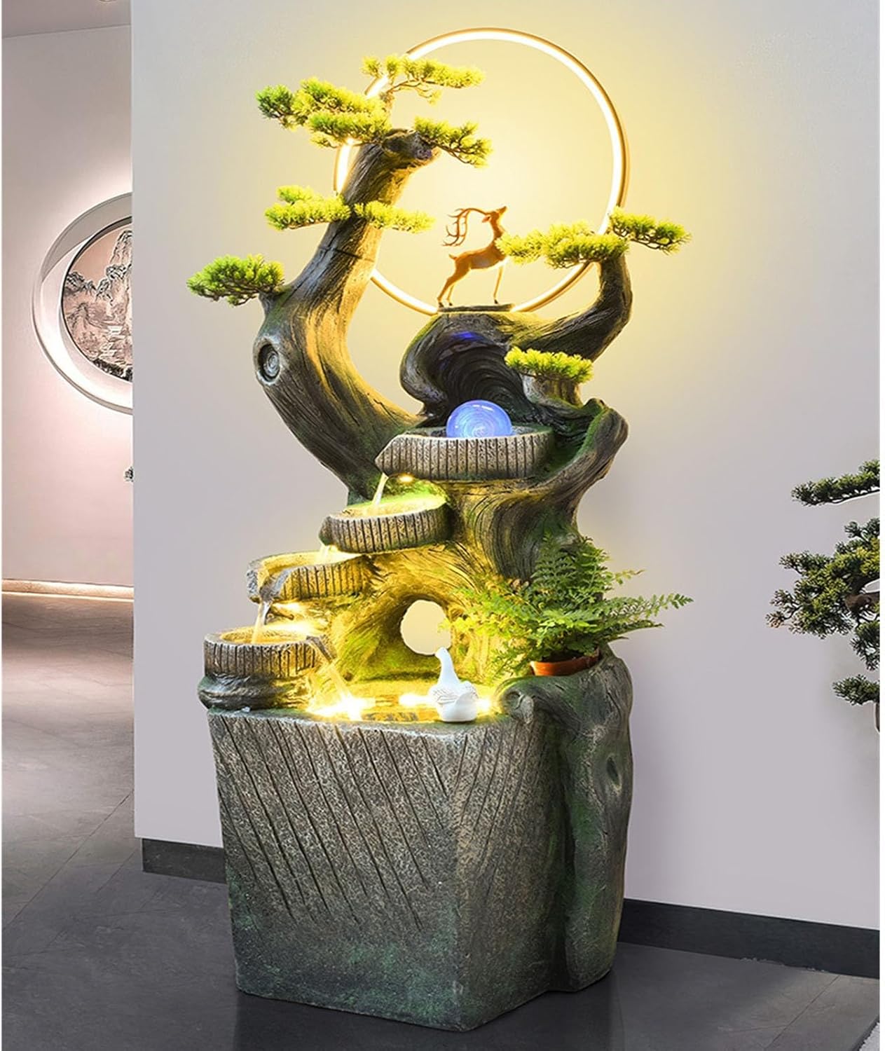 Floor Standing Water Fountain Courtyard Flowing Water Ornaments, Circulating Fountain, Living Room High Mountain Circulating Water Humidifier Office Front Desk Decoration Water Fountain Freestanding F
