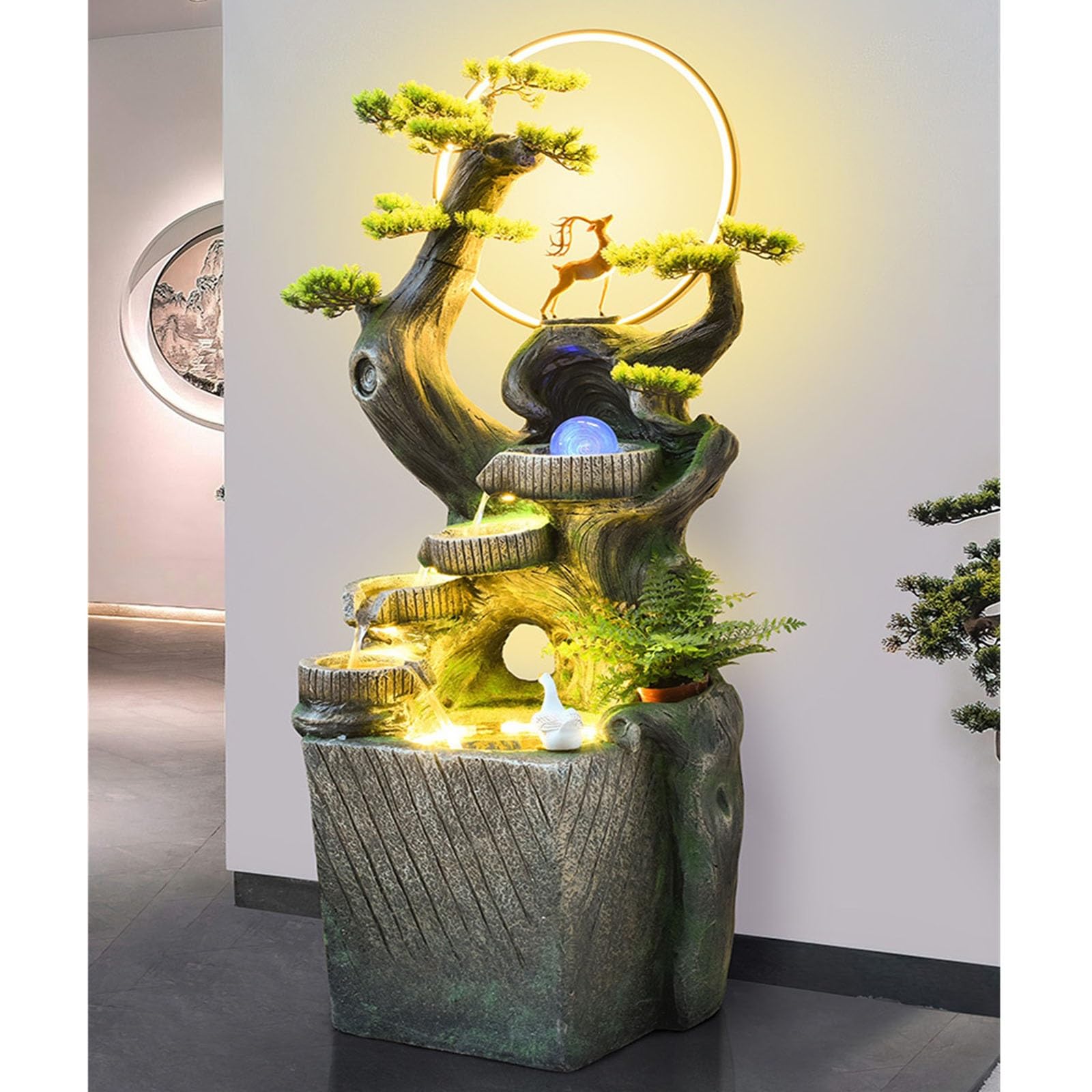 Fuente de suelo de pie para sala de estar, Adornos de agua que fluyen en el patio, fuente circulante, sala de estar Humidificador de agua circulante de alta montaña Oficina Recepción Decoración Fuente