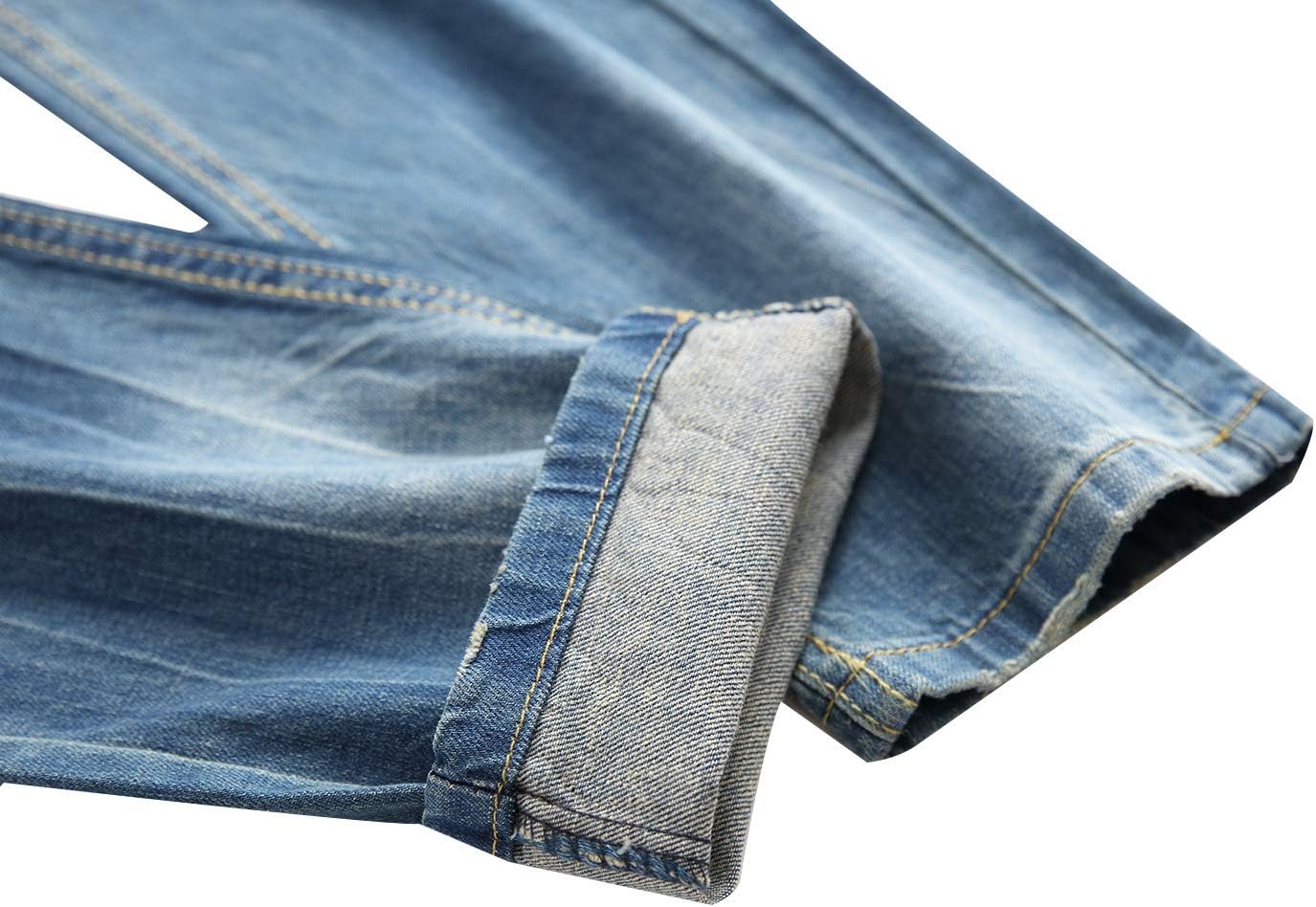 Men's Ripped Destroyed Distressed Vintage Straight Fit NO Stretch Denim Jeans