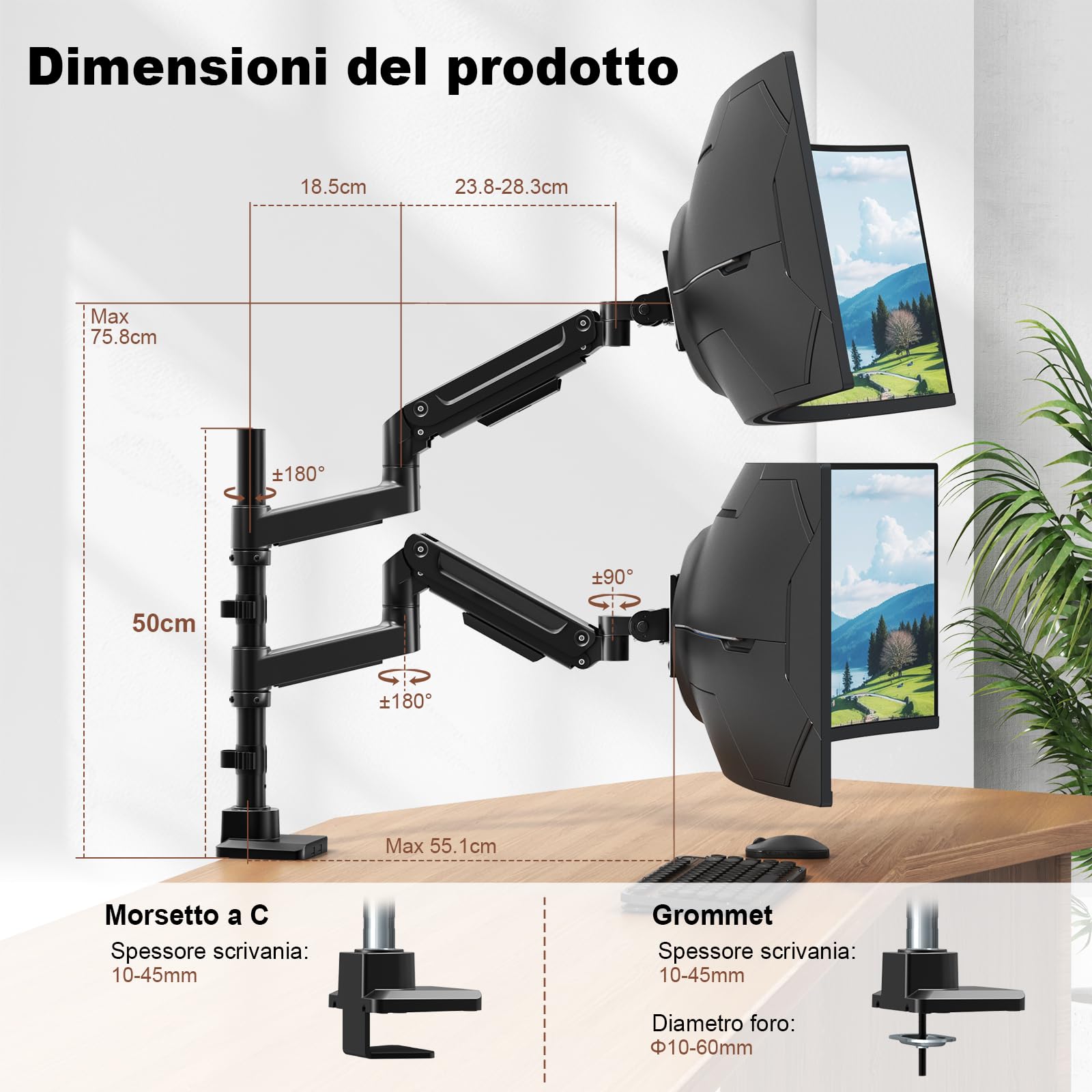 Supporto per Monitor PUTORSEN per 2 Schermi da 17 a 49 Pollici - Fino a 20 kg per braccio, supporto extra-lungo regolabile in altezza e orientabile per un'ergonomia ottimale, VESA 75/100 mm.