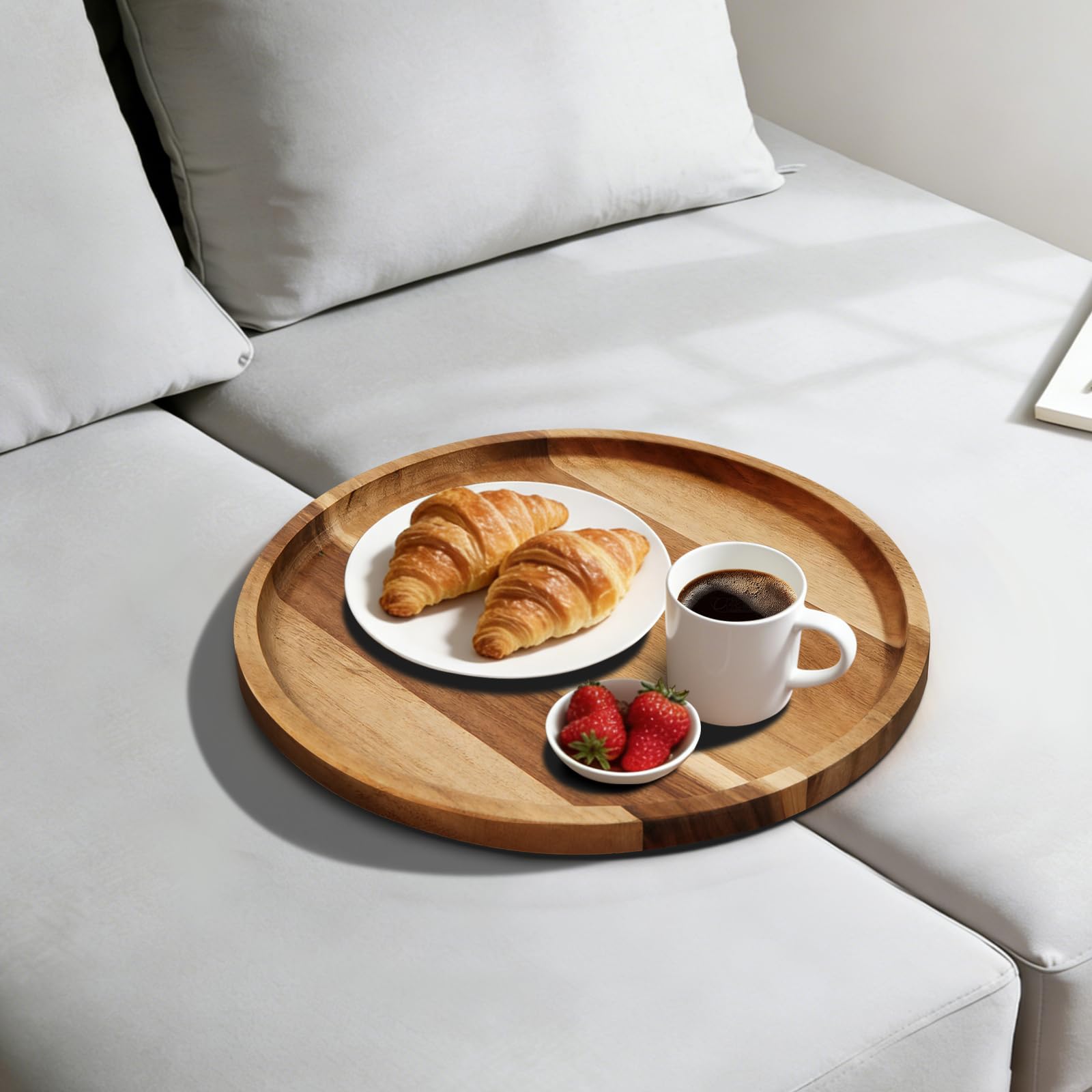 Bandeja de sofá de madera de acacia, inserto de mesa plegable para sofá central portátil, bandejas de reposabrazos perfectas para bebidas, aperitivos, teléfono, control remoto (círculo)