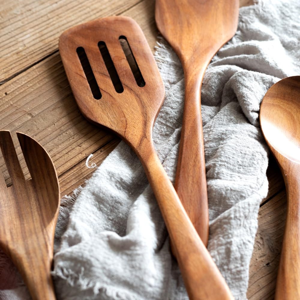 Ustensiles de Cuisine en Bois Set de 6, Ustensiles de Cuisine en Bois, Spatule en Bois pour la Cuisson, Ustensile en Bois Cuillères en Bois de Teck Naturel
