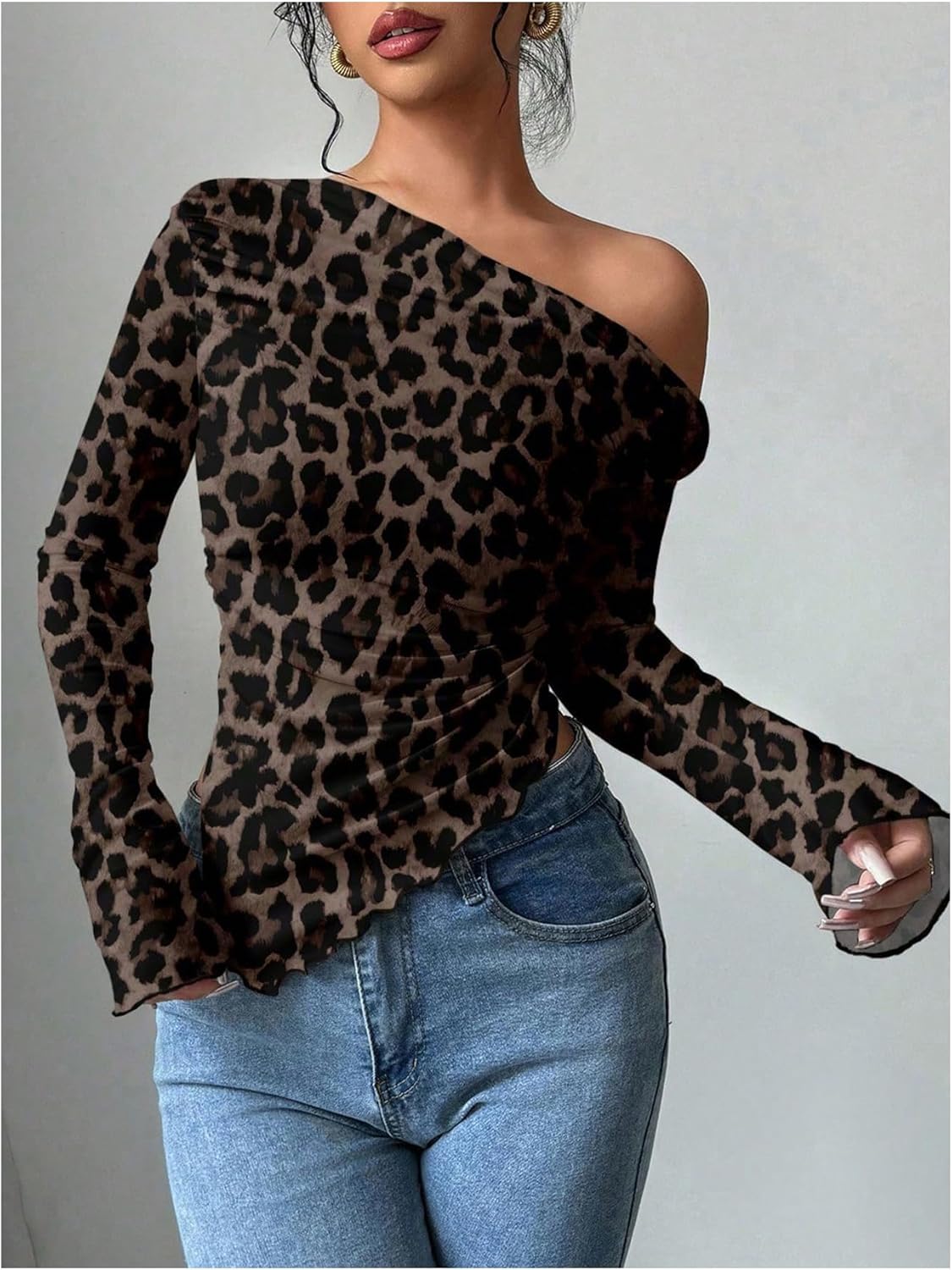 Women's Off Shoulder Tie Dye Mesh T Shirt Long Sleeve Asymmetrical Hem Ruched Fitted Tee Tops - Image 4