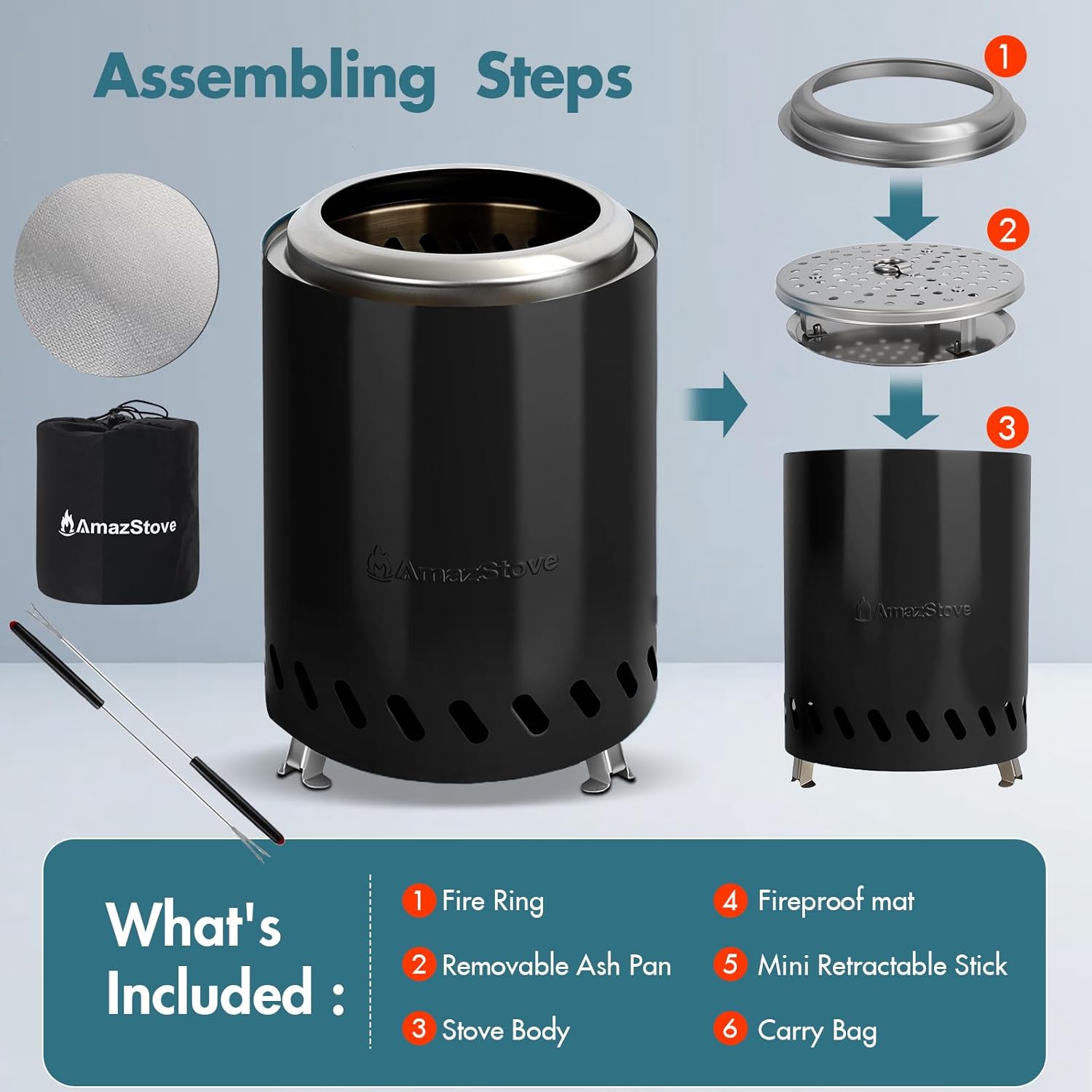 9.7 x 7.1 Inch Tabletop Fire Pit by AmazStove, Low Smoke Camping Stove for Outdoor Safe Burning Firepits, Fueled Pellets or Wood, Travel Bag Included (Black, 9.7 x 7.1 INCH)