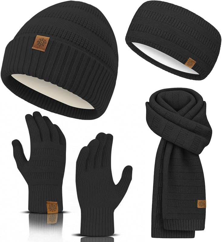Gorro de invierno, bufanda, guantes, diadema, gorro de punto, bufanda cálida, guantes con pantalla táctil y calentador de orejas, regalo acogedor para mujeres y hombres