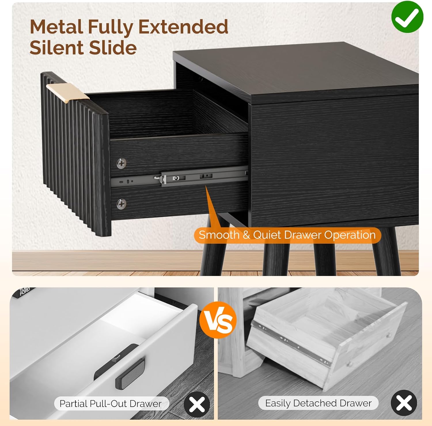 Close-up of the metal full-extension silent drawer slide mechanism.