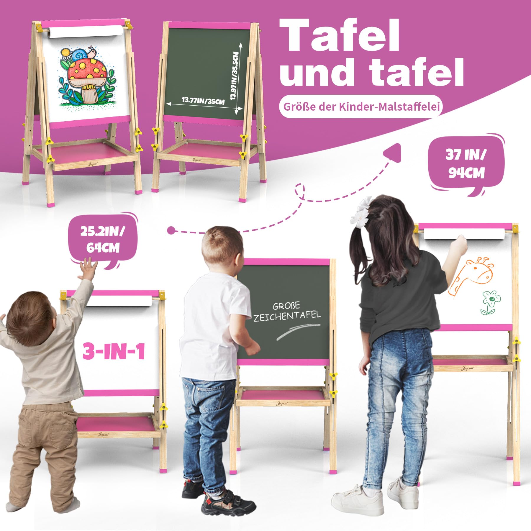 Joyooss Kunststaffelei für Kinder, verstellbares stehendes Holz-Zeichenbrett für Kleinkinder, doppelseitig, trocken abwischbar, mit Malzubehör, Geschenk und Kunstbedarf für Kleinkinder 4-8 (PINK)