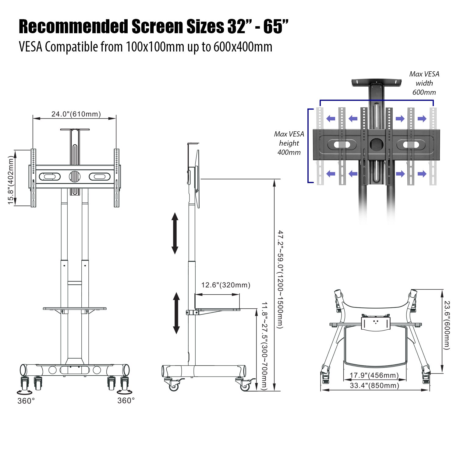 Invision GT1200 Mobile TV Stand on Wheels For 3265 Inch TVs Anti Tip & Ultra Stable TV