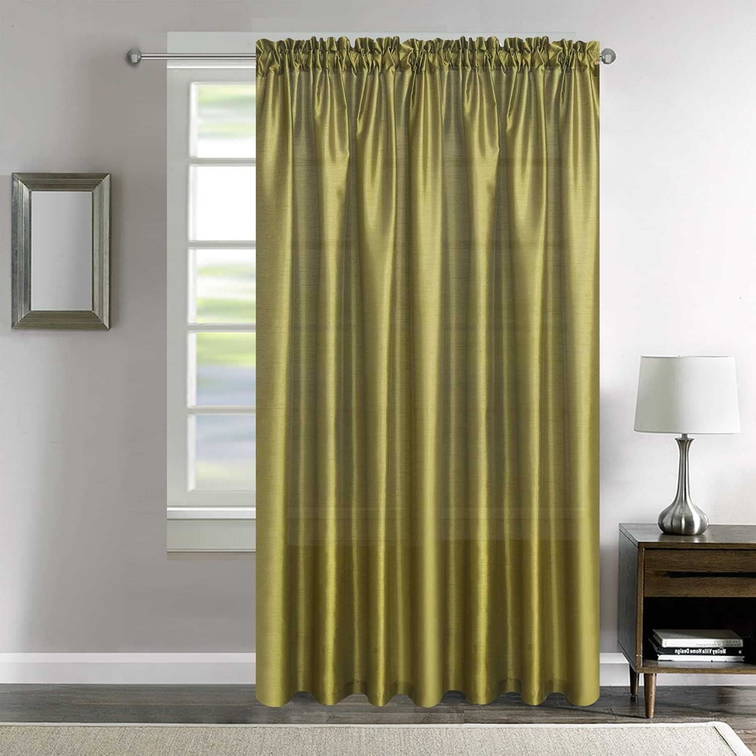 GYROHOME Faux Silk Sheer Curtains with Rod Pocket Light Reducing Window Treatment for Living Room Bedroom Dining Room Patio Door, 1Panel, Olive Green, 100x120inch