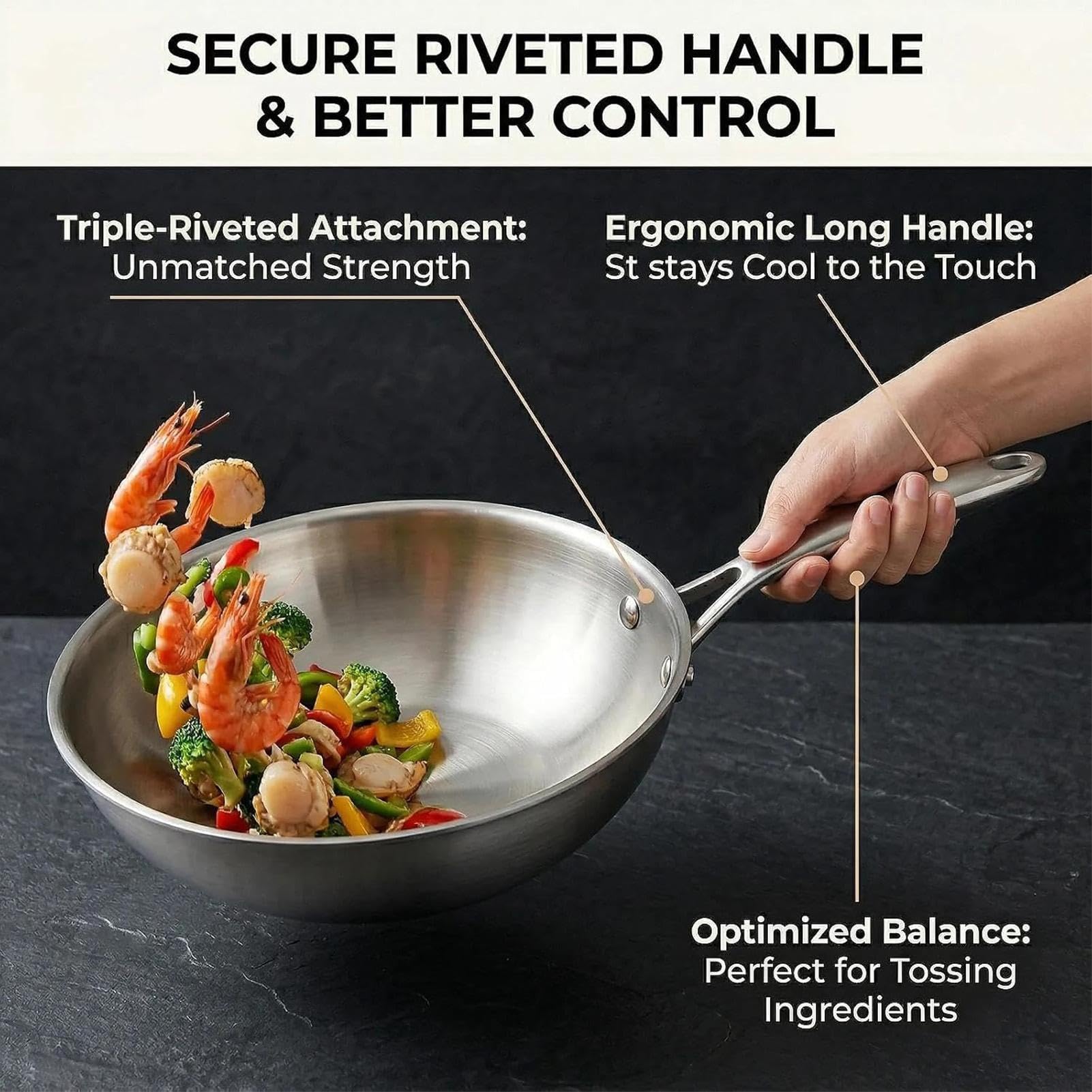 Sartén profunda Woks de fondo plano sin revestimiento | Sartén de acero inoxidable para todas las estufas, asar, estofar, hervir, hervir, comidas familiares, mariscos, desayunos