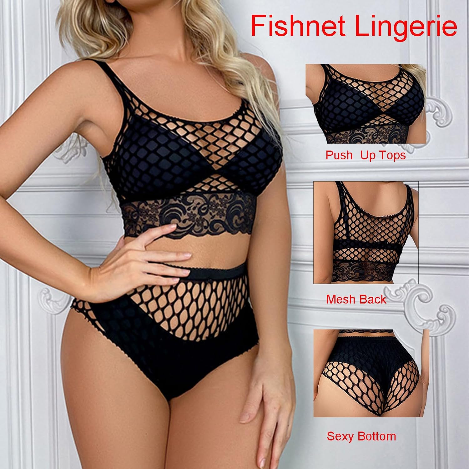 Womens Fishnet Lingerie Set Sexy Mesh Bra and Panty Black 2 Piece