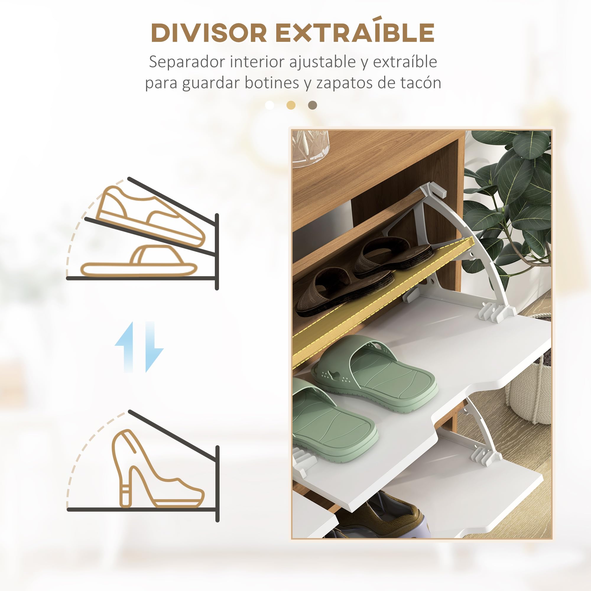 HOMCOM Zapatero Estrecho con 4 Cajones Abatibles, Zapatero Entrada Recibidor con Patas de Madera y Estantes Ajustables, para 16 Pares de Zapatos, para Pasillo, 95x26x95 cm, Blanco y Natural