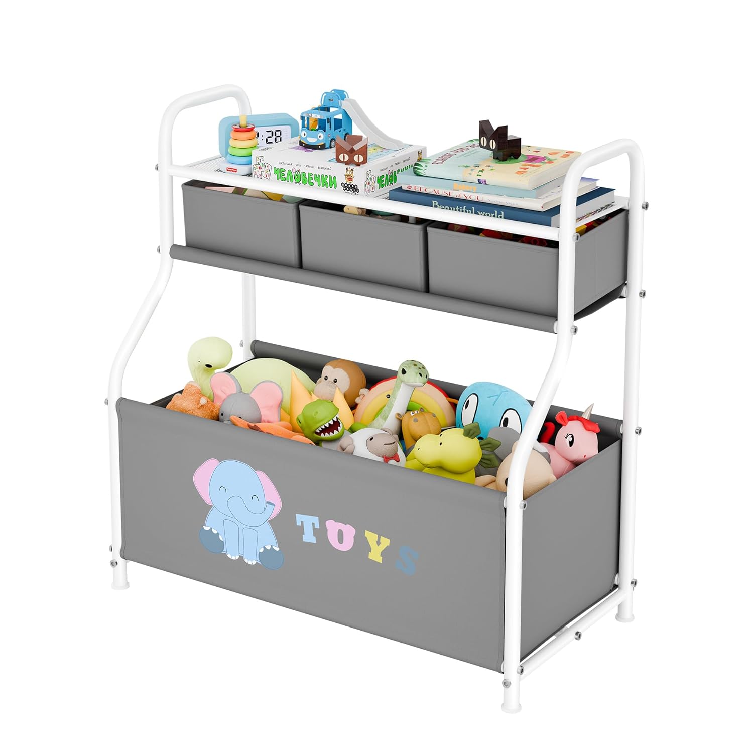 GRANNY SAYS Toy Box with Kids Bookshelf, 3-Tier Toy Chest, Toy Storage Organizer, Kids Bookshelf with 3 Fabric Toy Bins, Toy Box for Boys Girls Toddlers, Playroom, Living Room Area, Gray