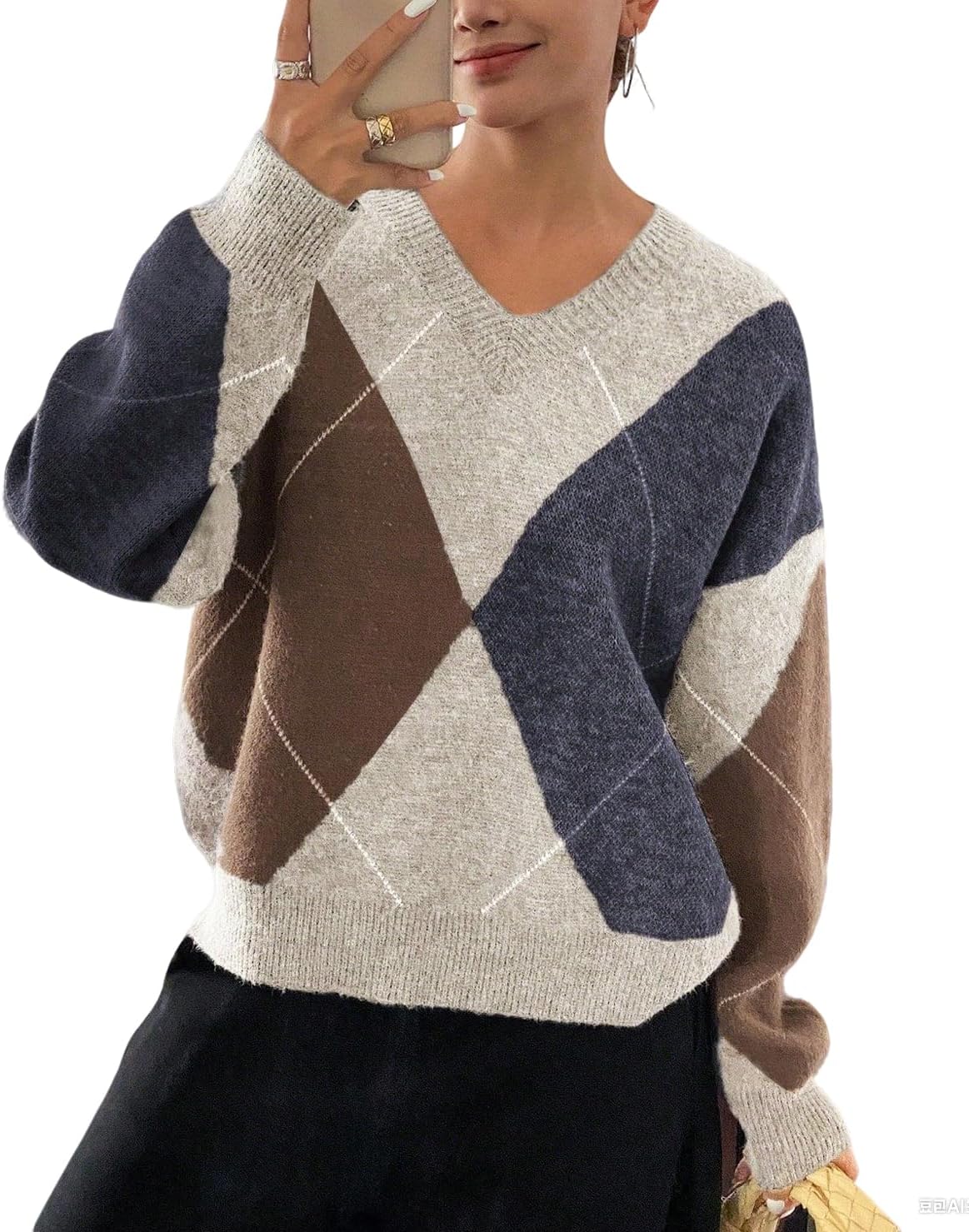 chouyatou Women's 2025 Fall V-Neck Argyle Sweaters Pullover Oversized Chunky Knit Casual Sweater Top