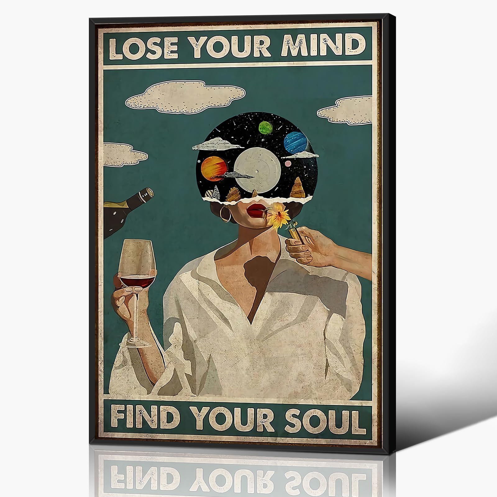 Poster vintage Lose Your Mind Find Your Soul Maximalist Wall Art 40,6 x 61,6 cm con cornice nera retrò Mid Century Modern Room Decor Salute mentale Stampa su tela per soggiorno camera da letto