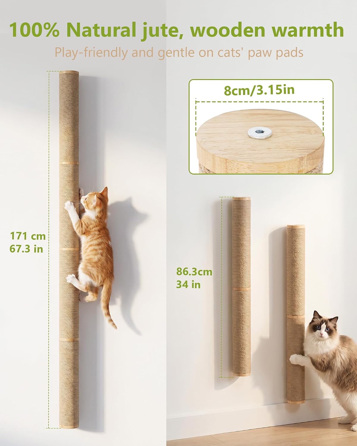 67" Cat Scratching Post Wall-Mounted for Indoor Cats(Wooden-2pc) | Tall Wooden Scratching Posts for Indoor Cats, Sturdy & Invisible, Rotatable Natural Jute Rope Column