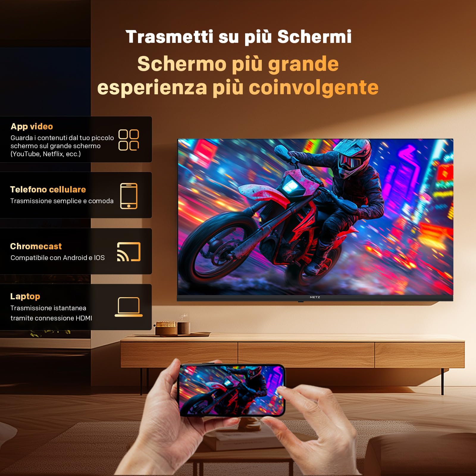 Metz 40 Pollici Smart TV Google TV LED QLED+ HDR10 Dolby Audio Bluetooth 5.1 EyeCare DVB-T/T2/C/S/S2 CI+ HEVC Main10 1.5GB RAM 40MQH7000Y